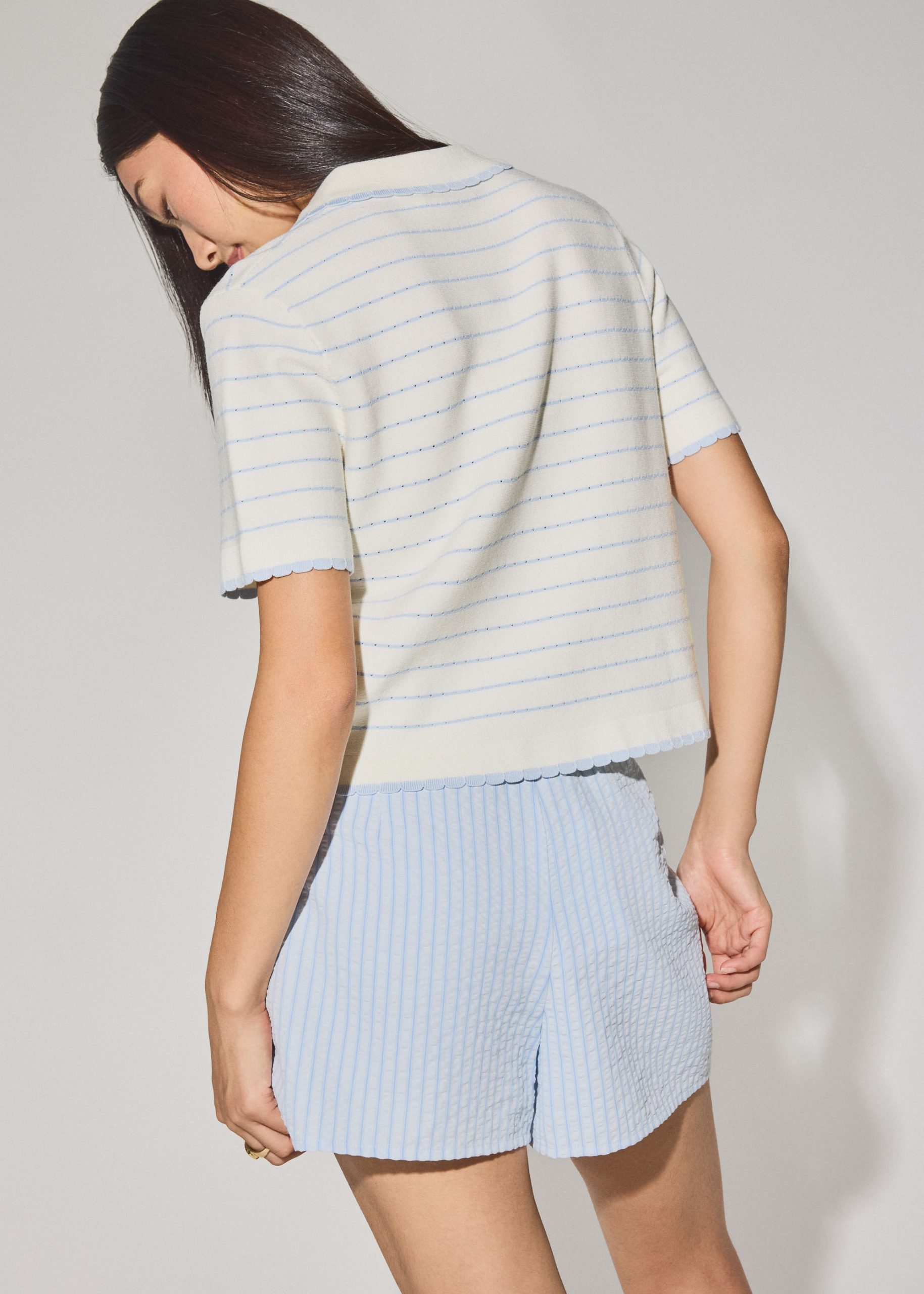 Relaxed Striped Knit Collared Button Down Top - Image 5