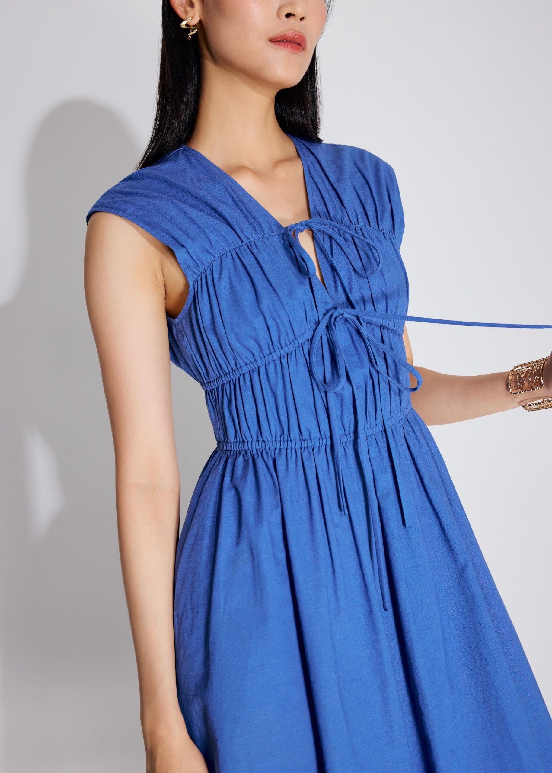 Linen Front Tie Fit & Flare Elastic Midaxi Dress - Image 3