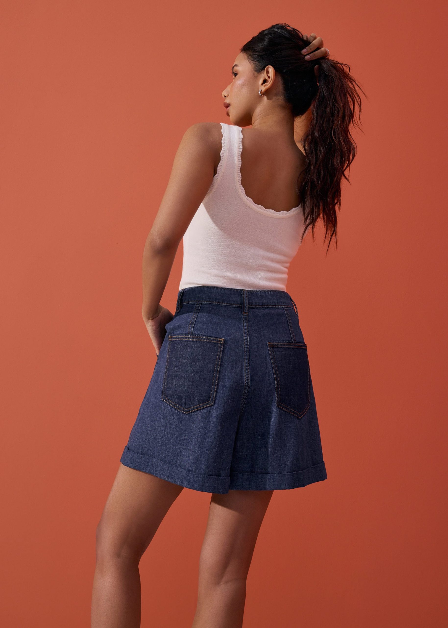 Denim High Waist A-line Cuffed Shorts - Image 5