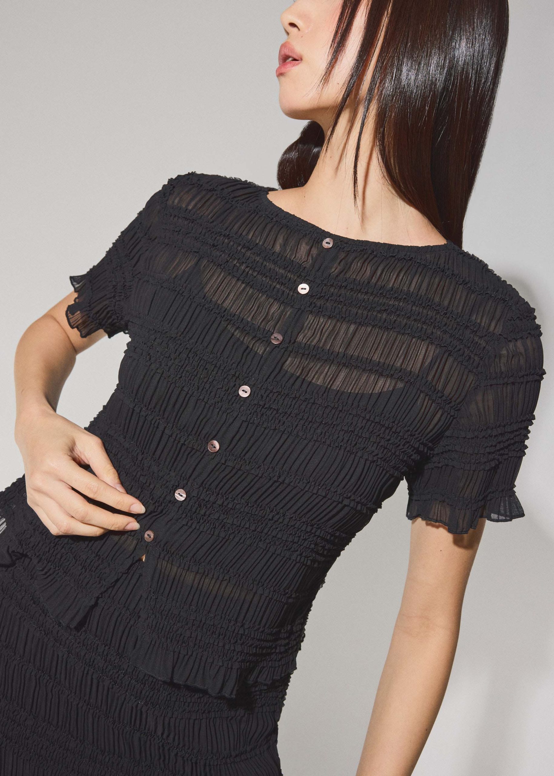 Sheer Crinkled Boat Neck Fitted Button Down Top - Image 4