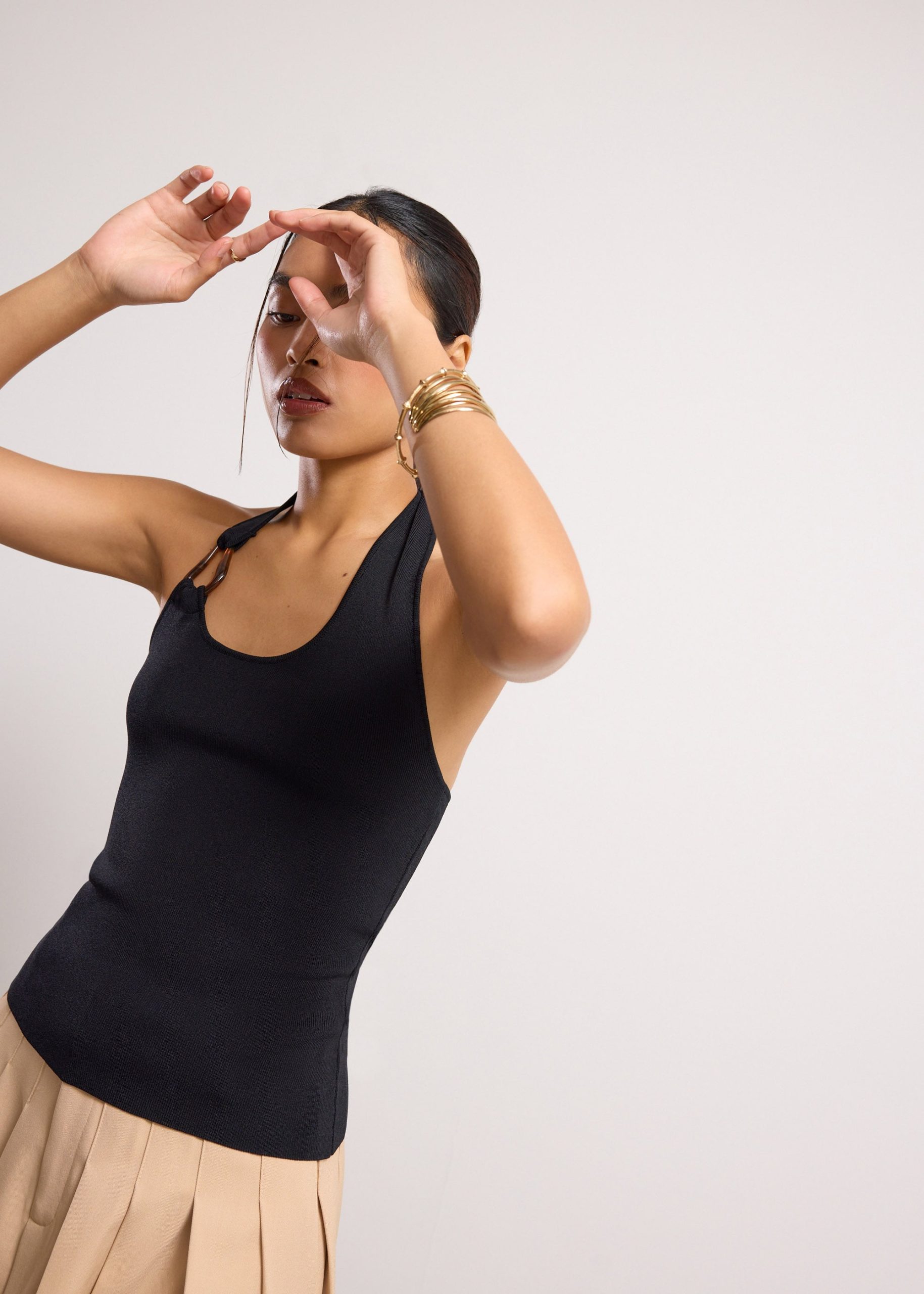 Buckle Detail Knit Halter Fitted Top - Image 3