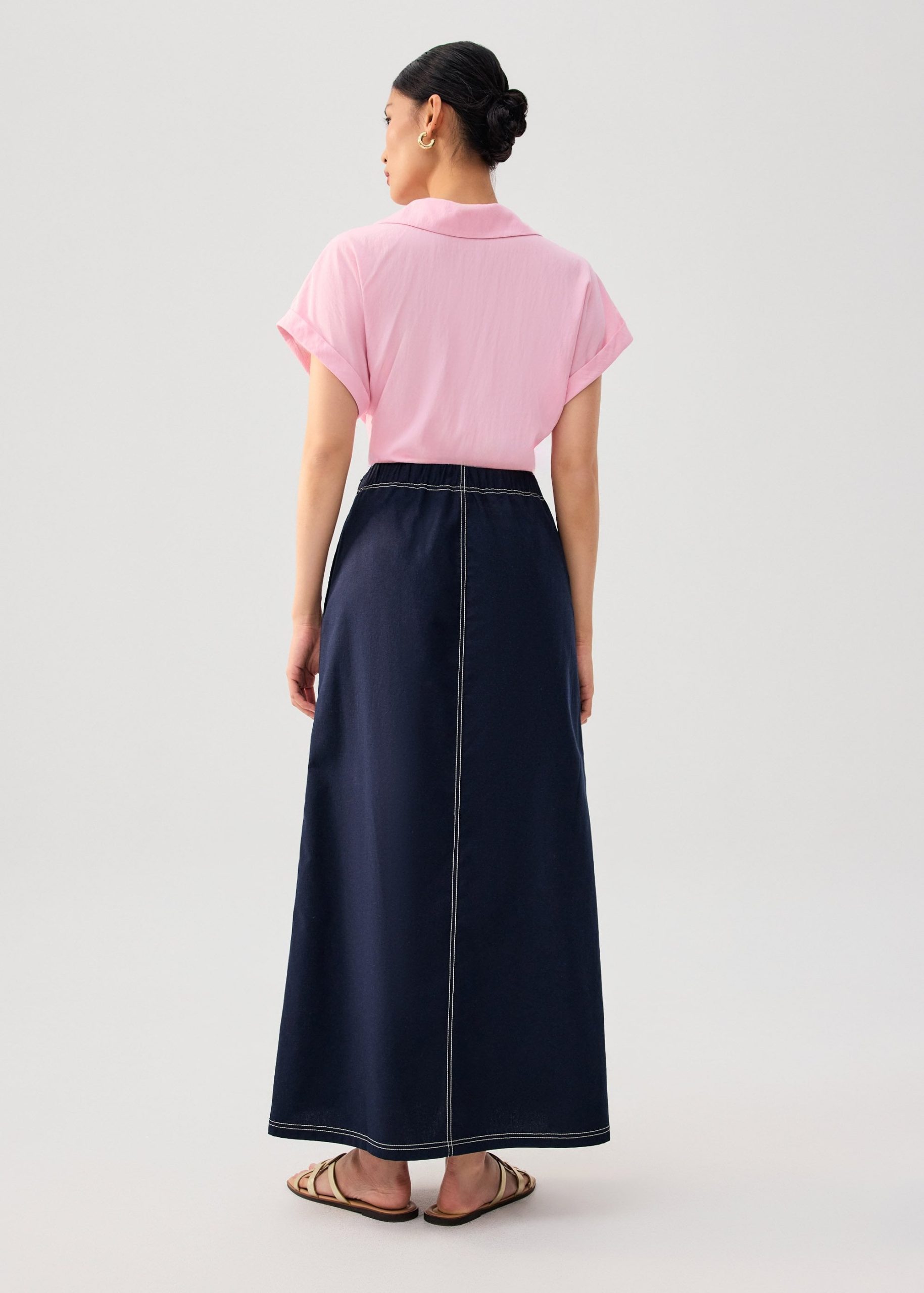 Elastic Contrast Stitch High Waist A-line Maxi Skirt - Image 5