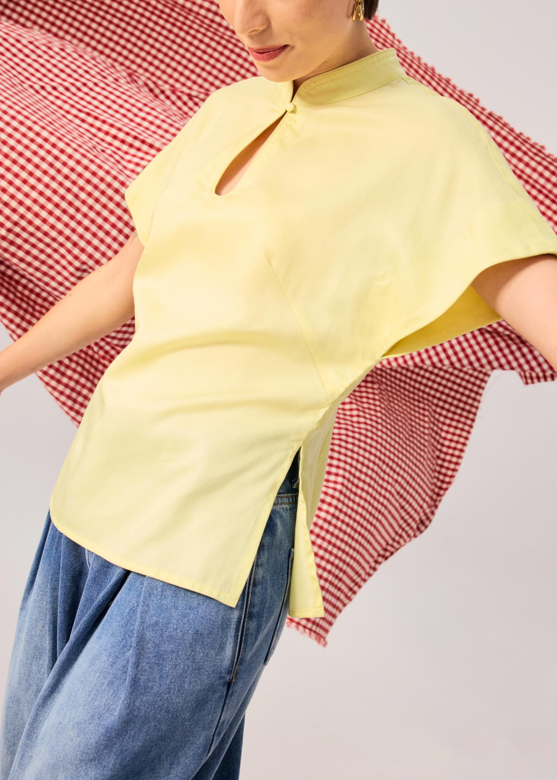 Lyocell Mandarin Collar Drop Shoulder Top - Image 7