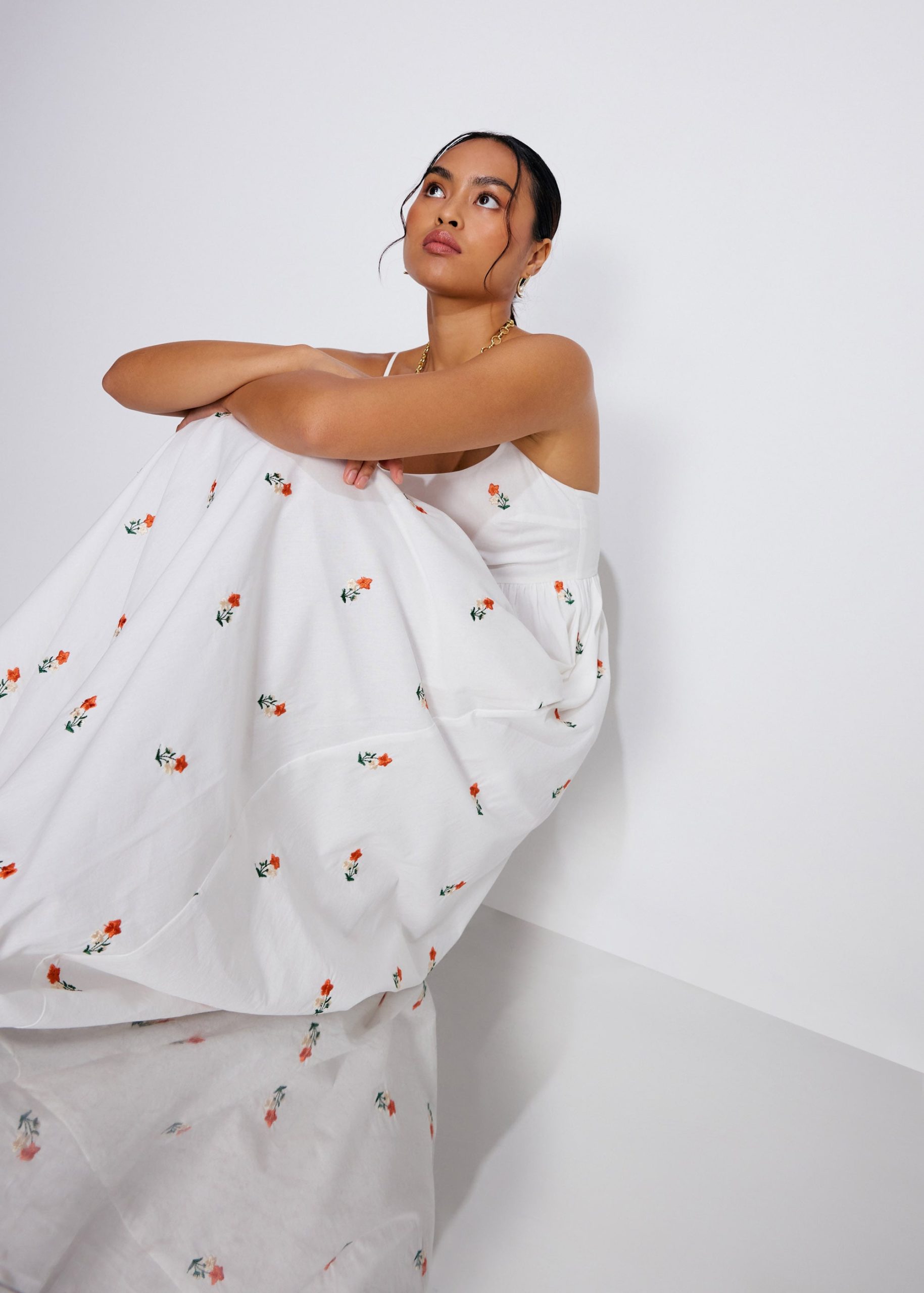 Cotton Floral Embroidery Camisole Fit & Flare Maxi Dress - Image 3