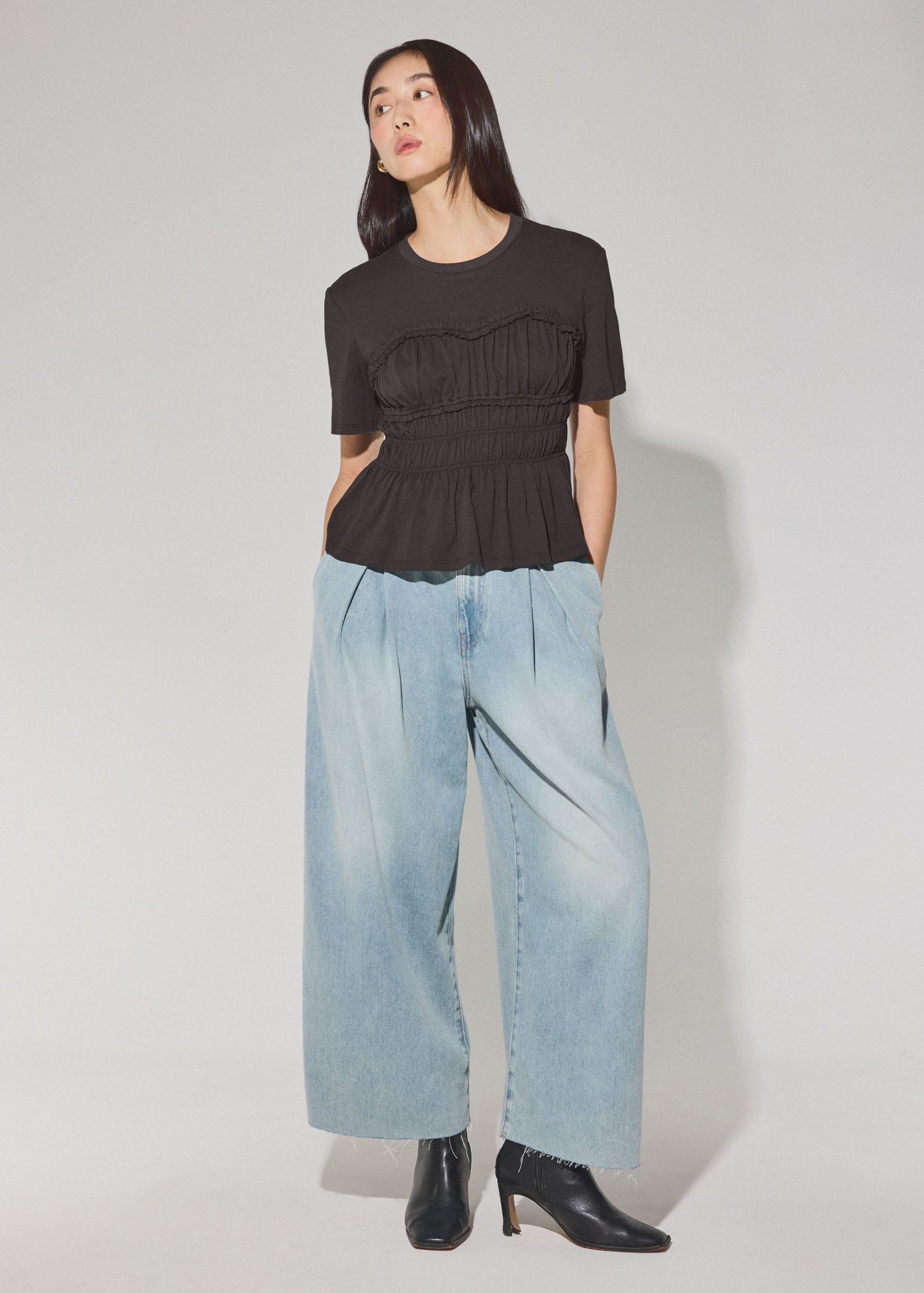 Jersey Ruched Bodice Round Neck Peplum Top - Image 10
