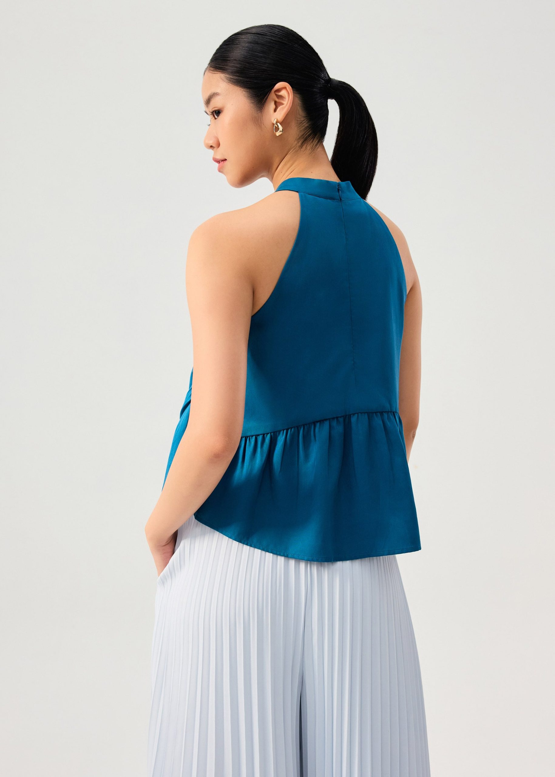 Lyocell Pleated Front Tie Mandarin Collar Peplum Shell Top - Image 18