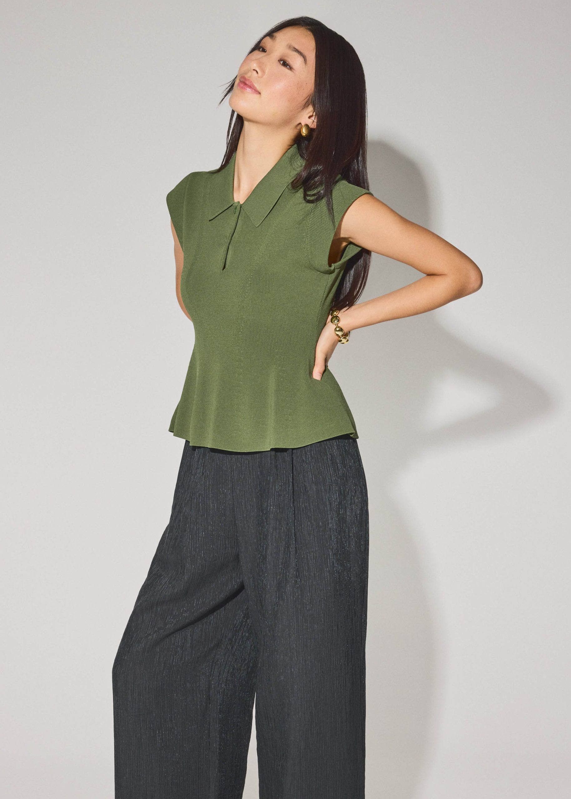 Knit Collared Peplum Polo Top - Image 8