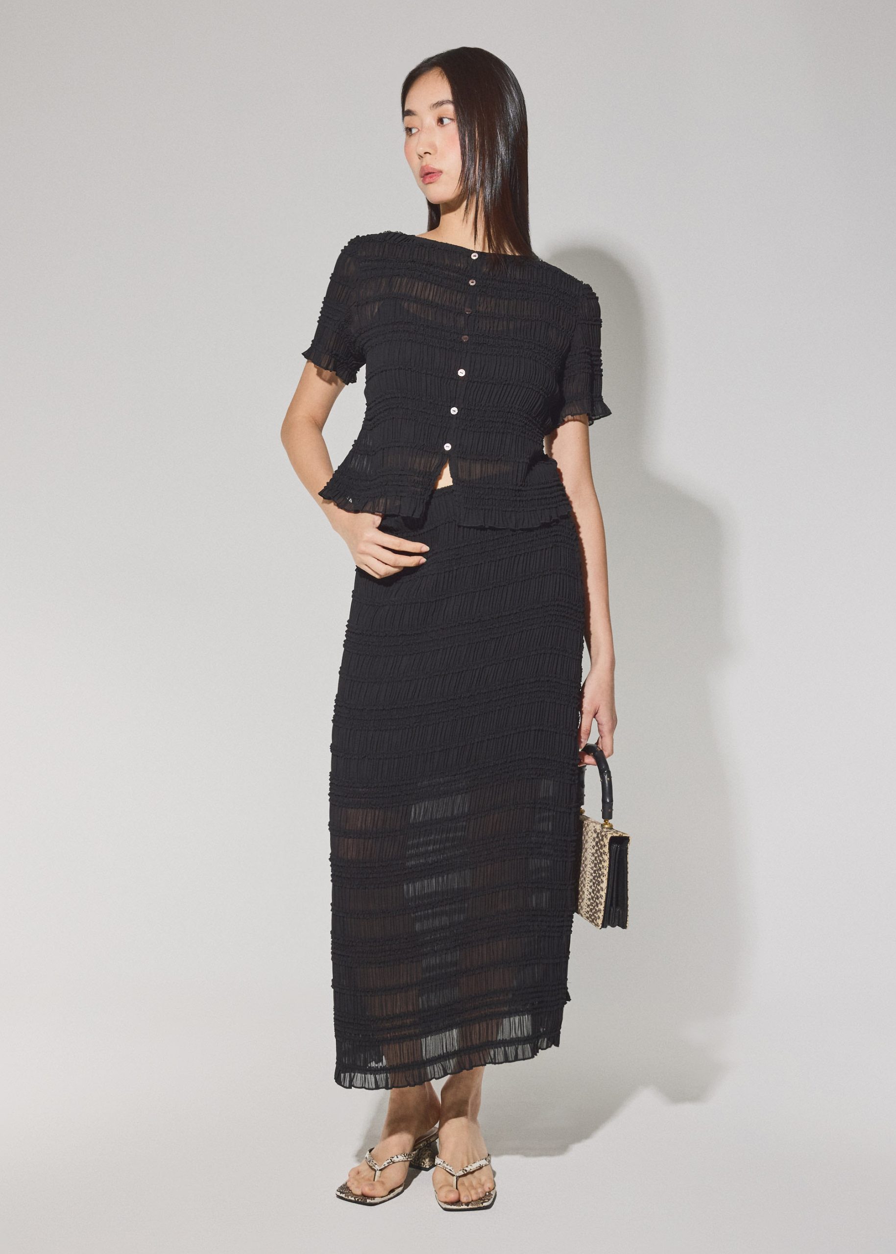 Sheer Crinkled Boat Neck Fitted Button Down Top - Image 3