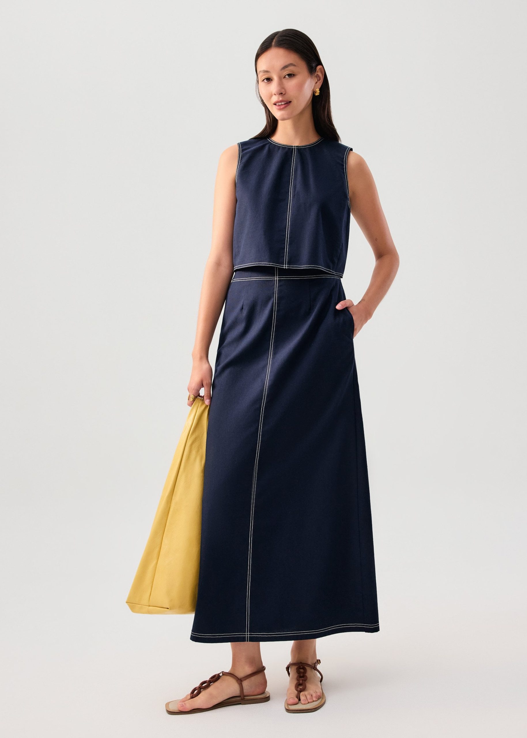 Elastic Contrast Stitch High Waist A-line Maxi Skirt - Image 6