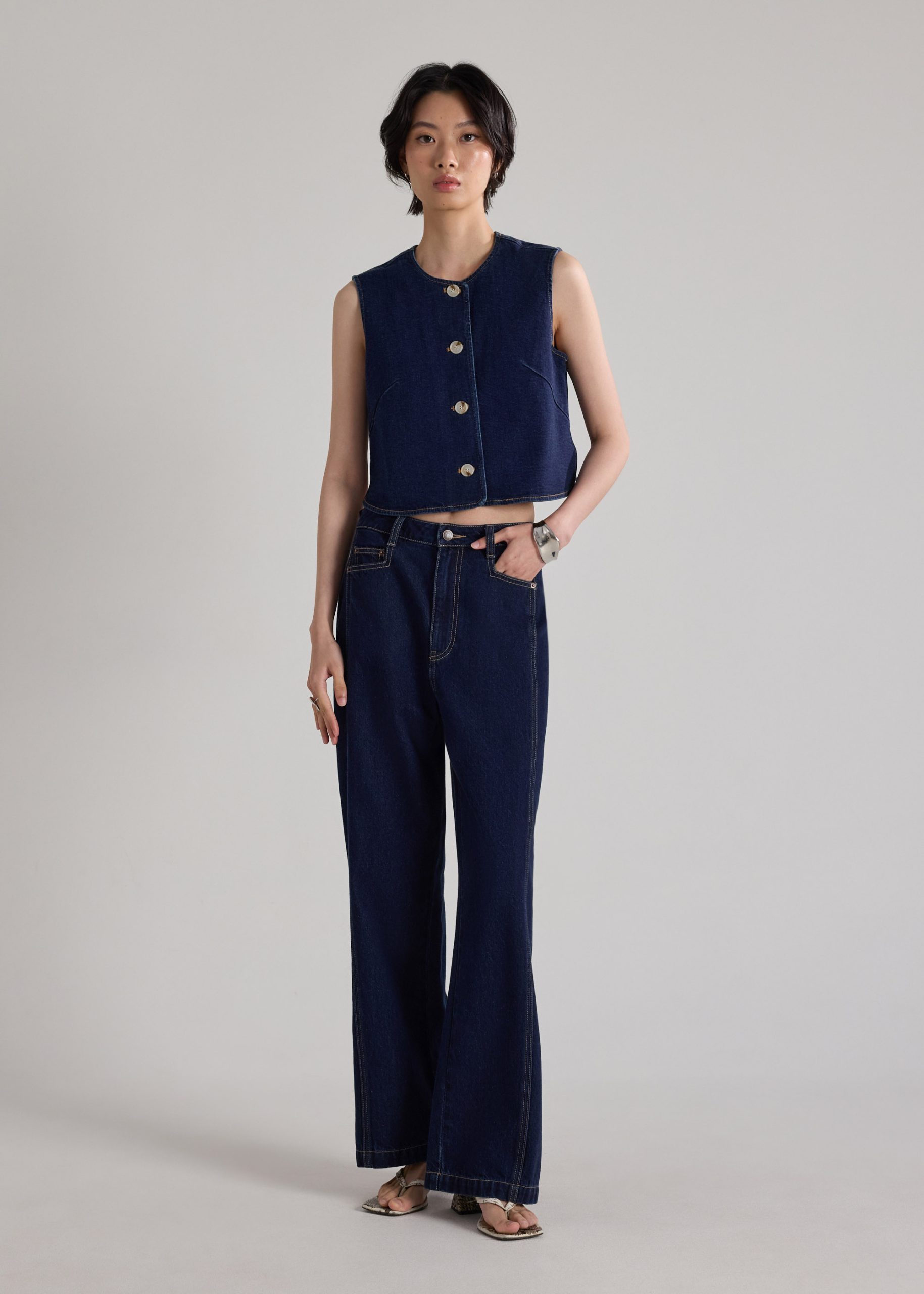 Relaxed Denim Round Neck Button Down Vest Top - Image 5