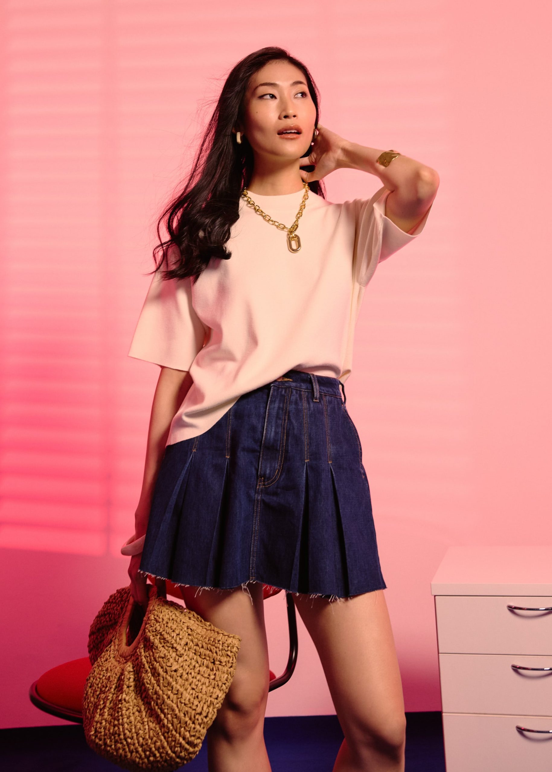 Contrast Stitch Denim Pleated High Waist A-line Mini Skirt