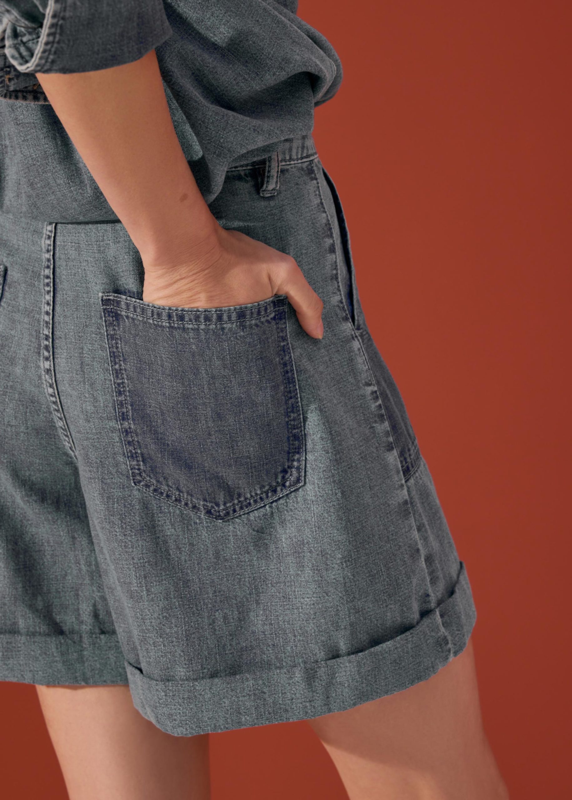 Denim High Waist A-line Cuffed Shorts - Image 10