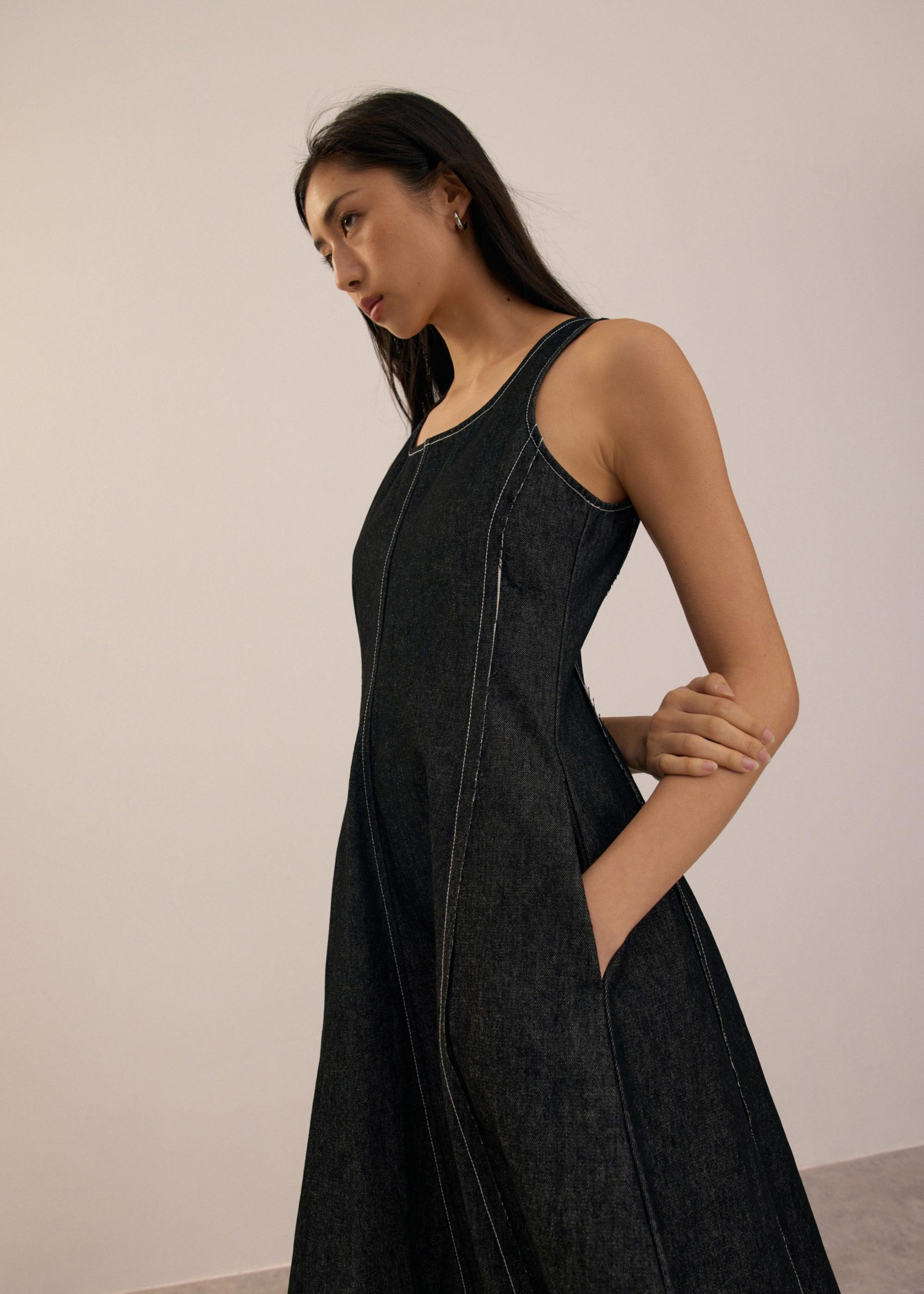 Denim Scoop Neck Midi Dress - Image 2