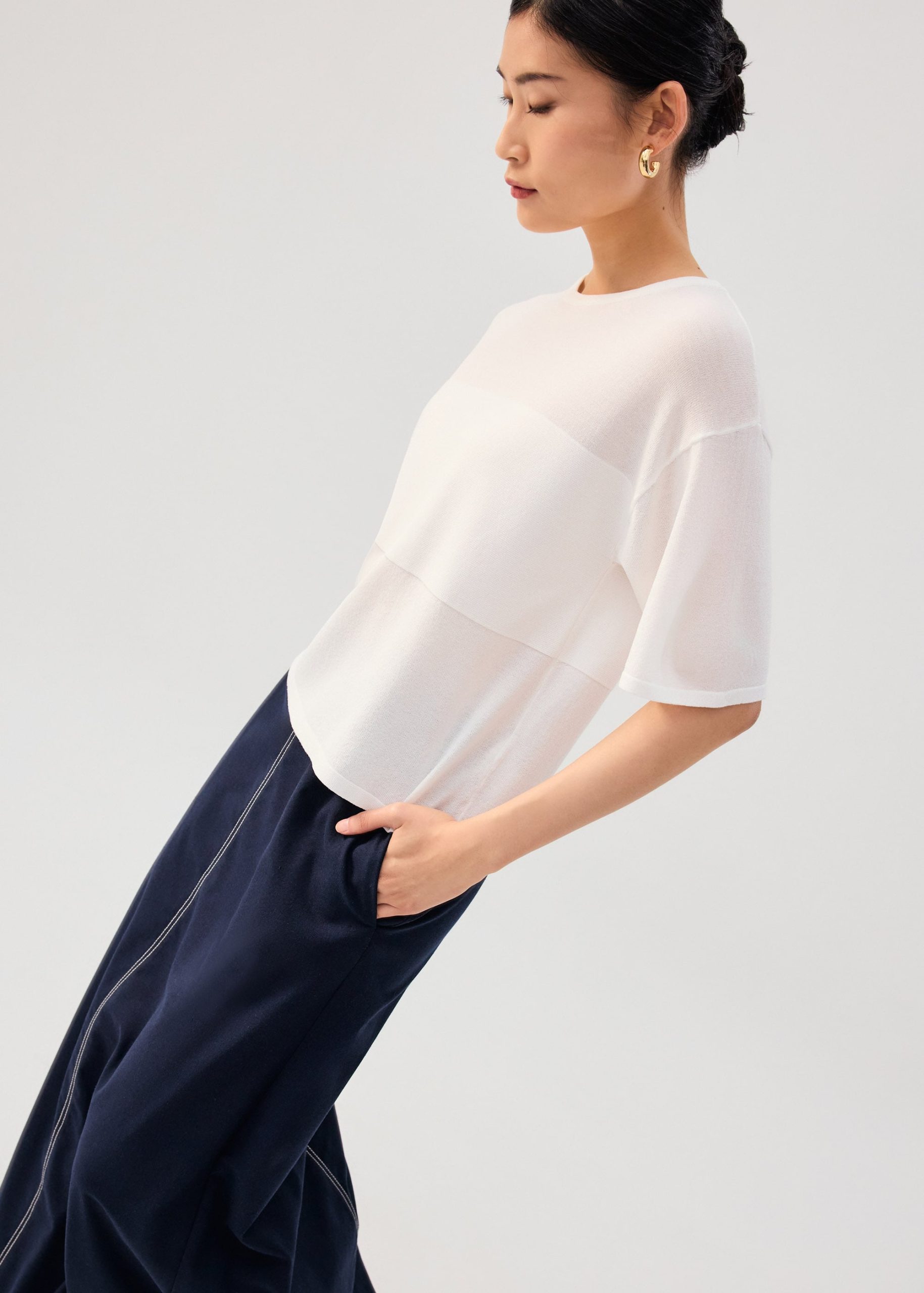 Oversized Sheer Knit Front Panel Boxy Tee - Image 2