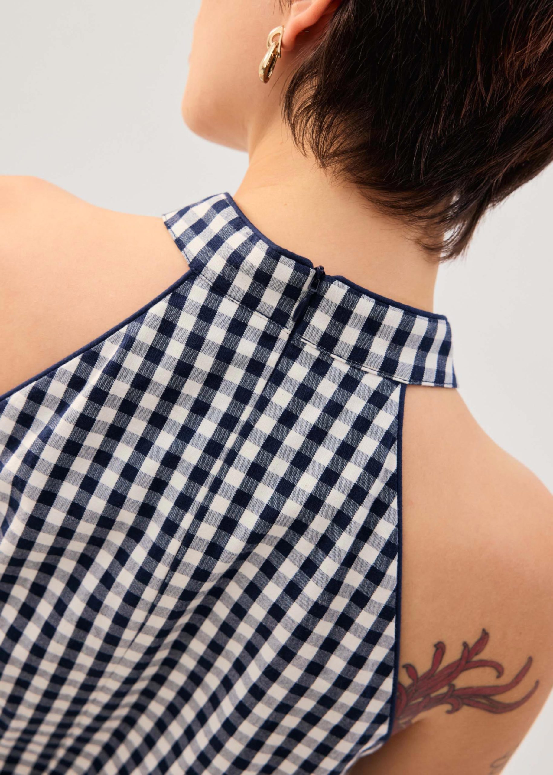 Gingham Cotton Mandarin Collar A-line Romper - Image 13