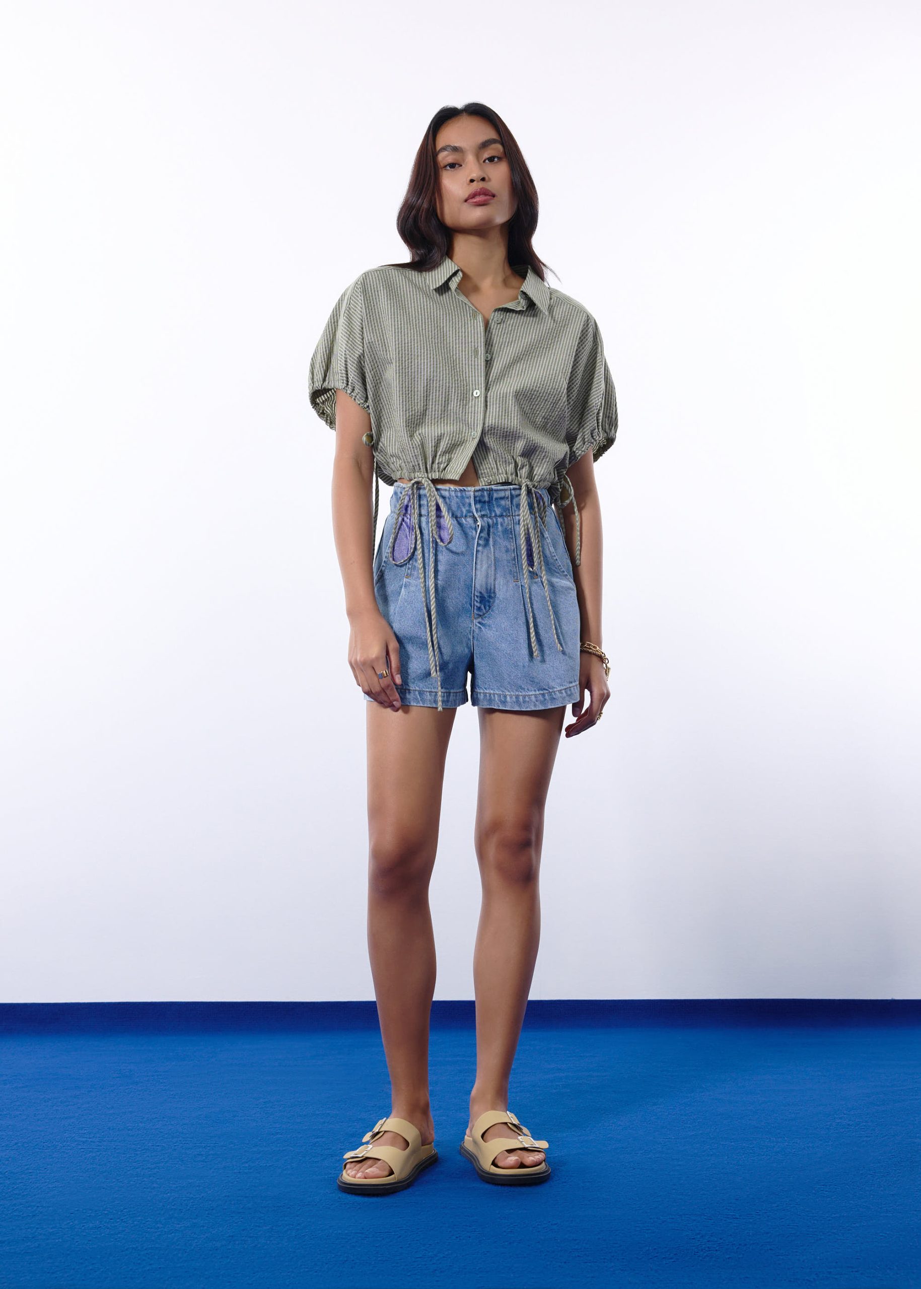 Relaxed Pinstripe Seersucker Collared Button Down Crop Shirt - Image 2