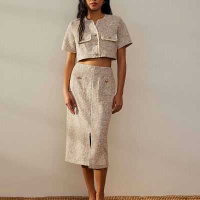 High Waist Tweed Column Midi Skirt