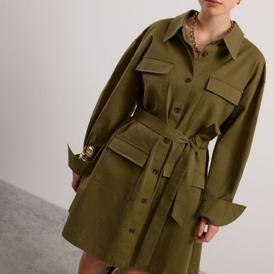 Oversized Cotton Twill Button Down Utility Shirt Dress