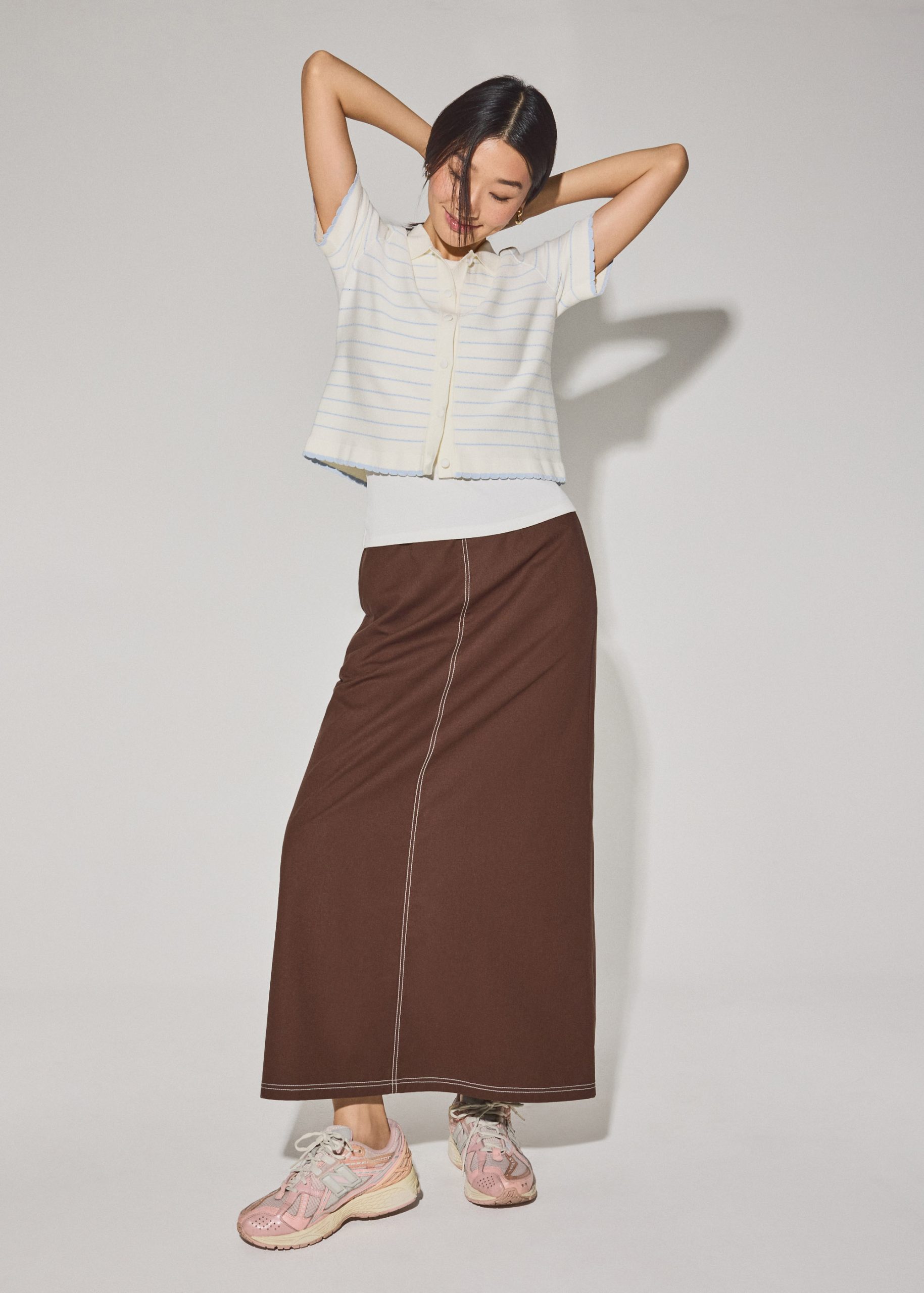Relaxed Striped Knit Collared Button Down Top - Image 6