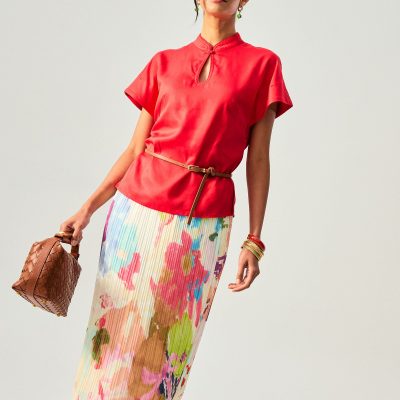 Lyocell Mandarin Collar Drop Shoulder Top