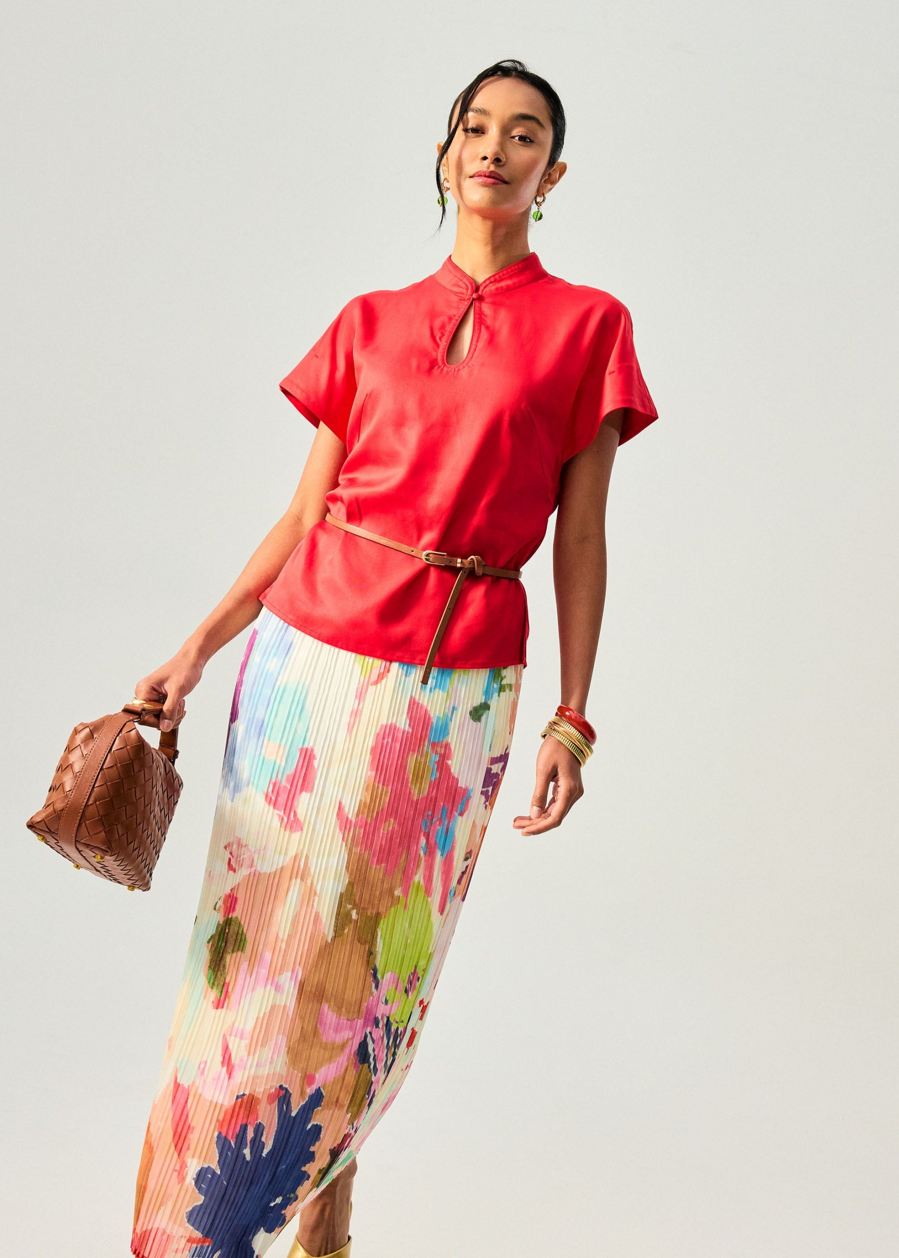 Lyocell Mandarin Collar Drop Shoulder Top