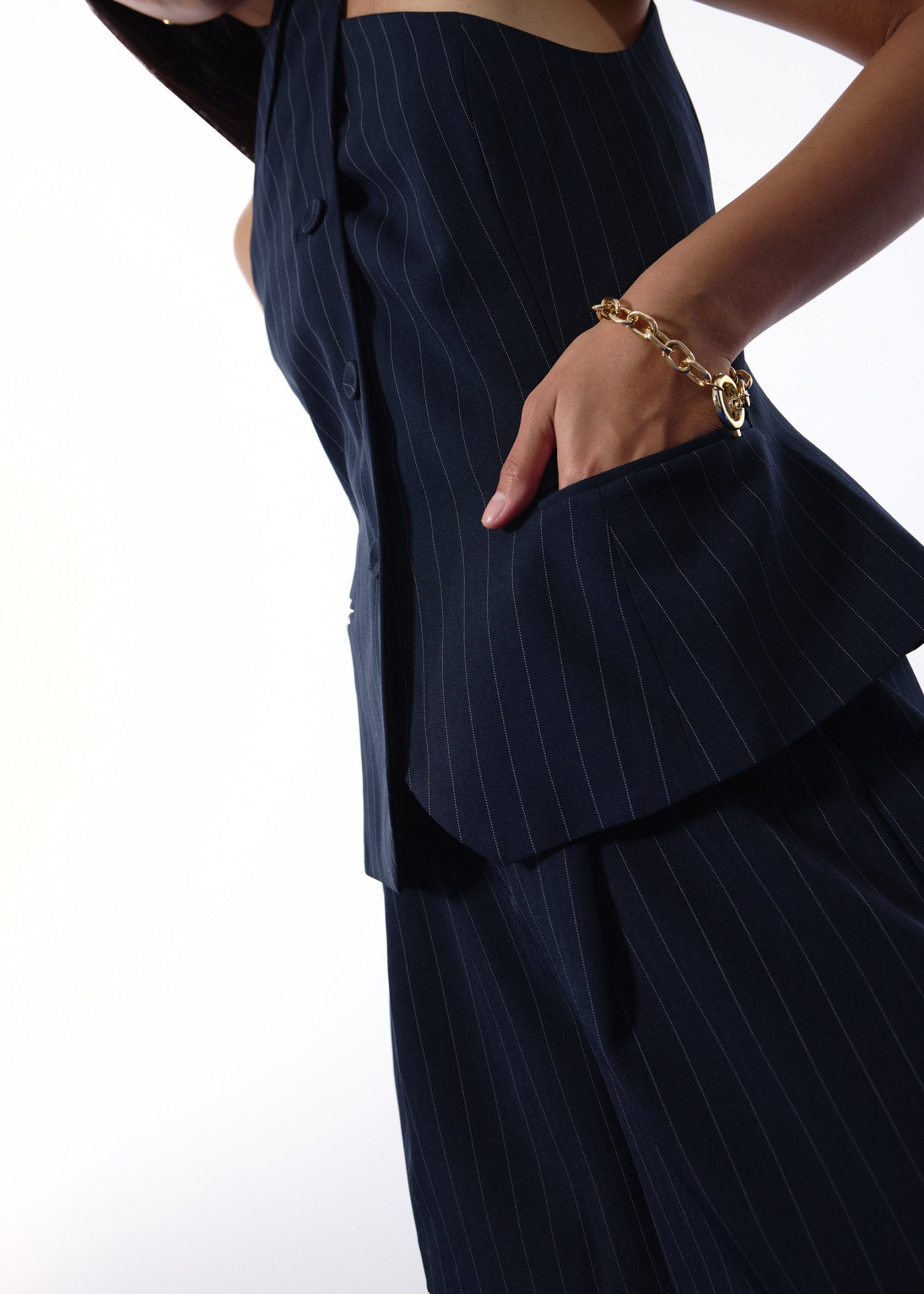 Akira Tailored Pinstripe Cross Over Halter Top - Image 11