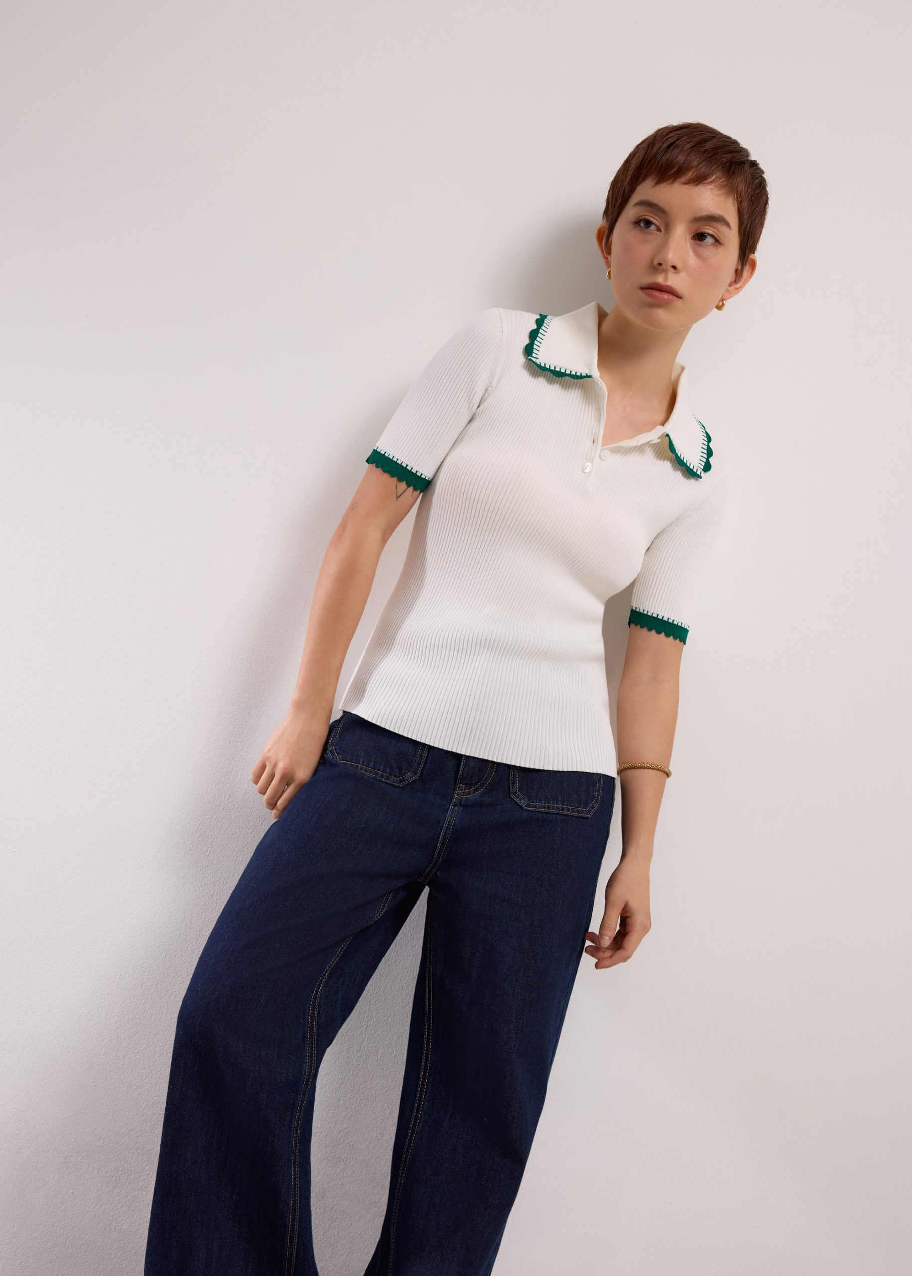Contrast Trim Pointelle Knit Peter Pan Collar Top - Image 12