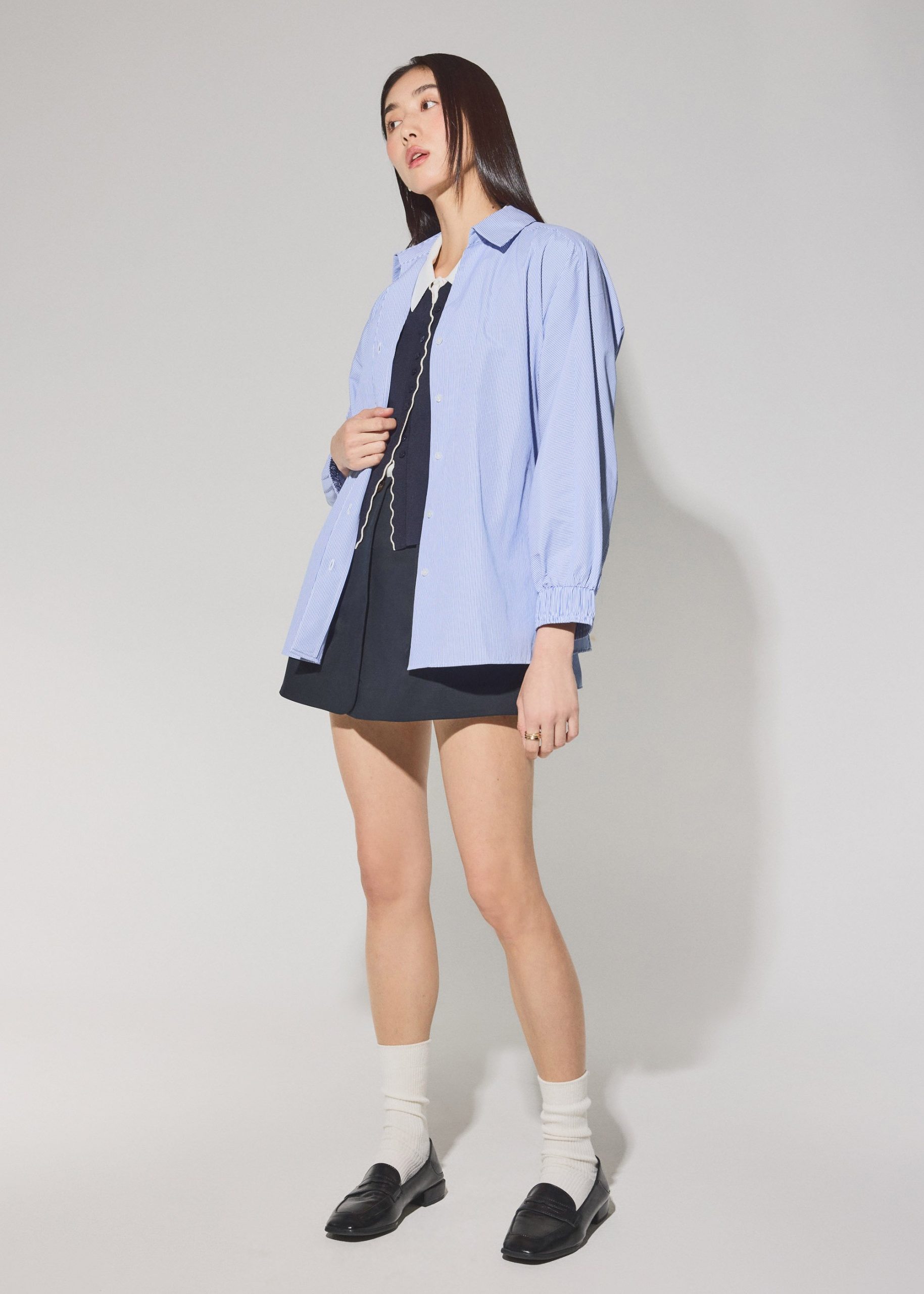 Striped Cotton Collared Puff Sleeve Button Down Top - Image 8