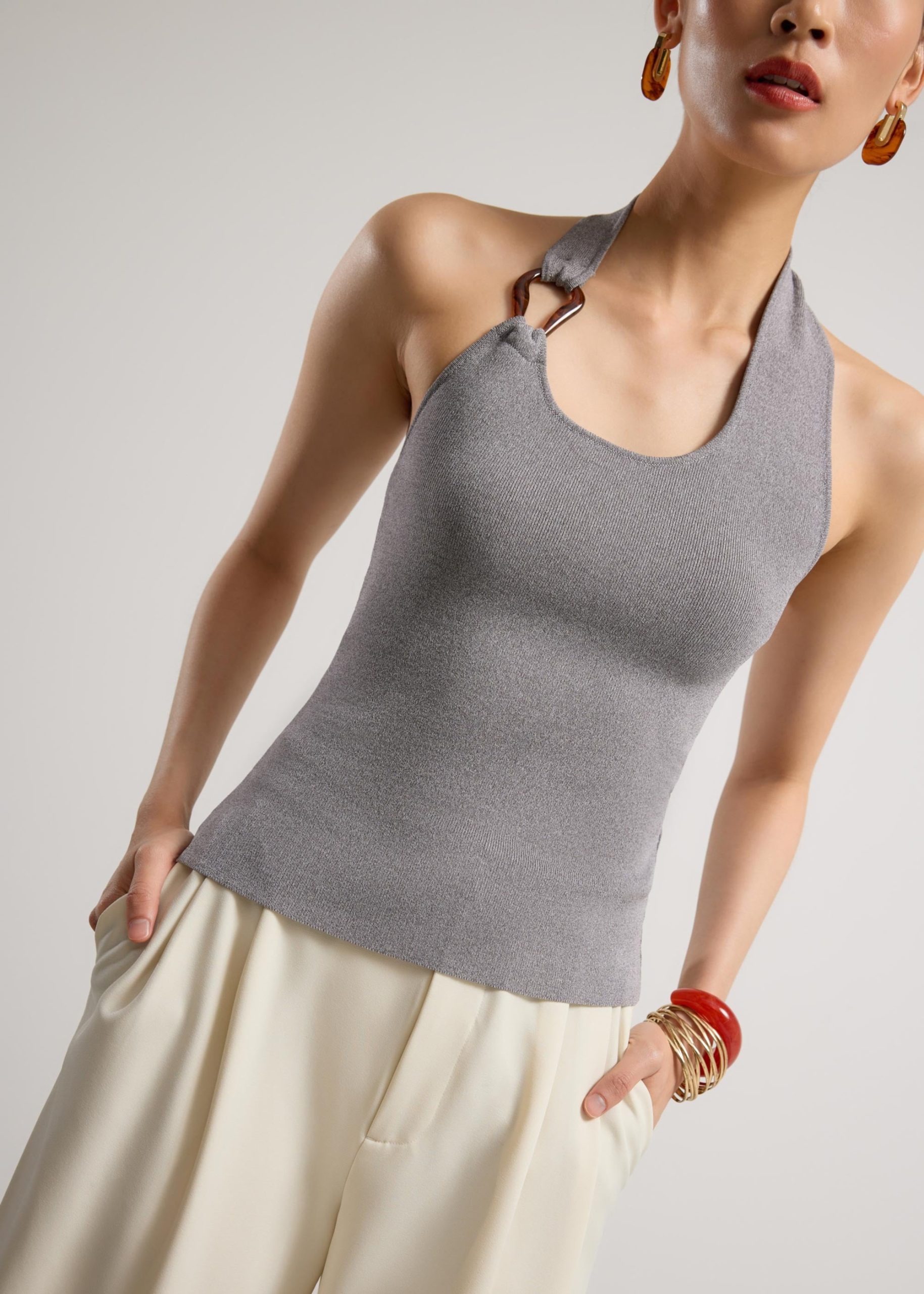 Buckle Detail Knit Halter Fitted Top - Image 12