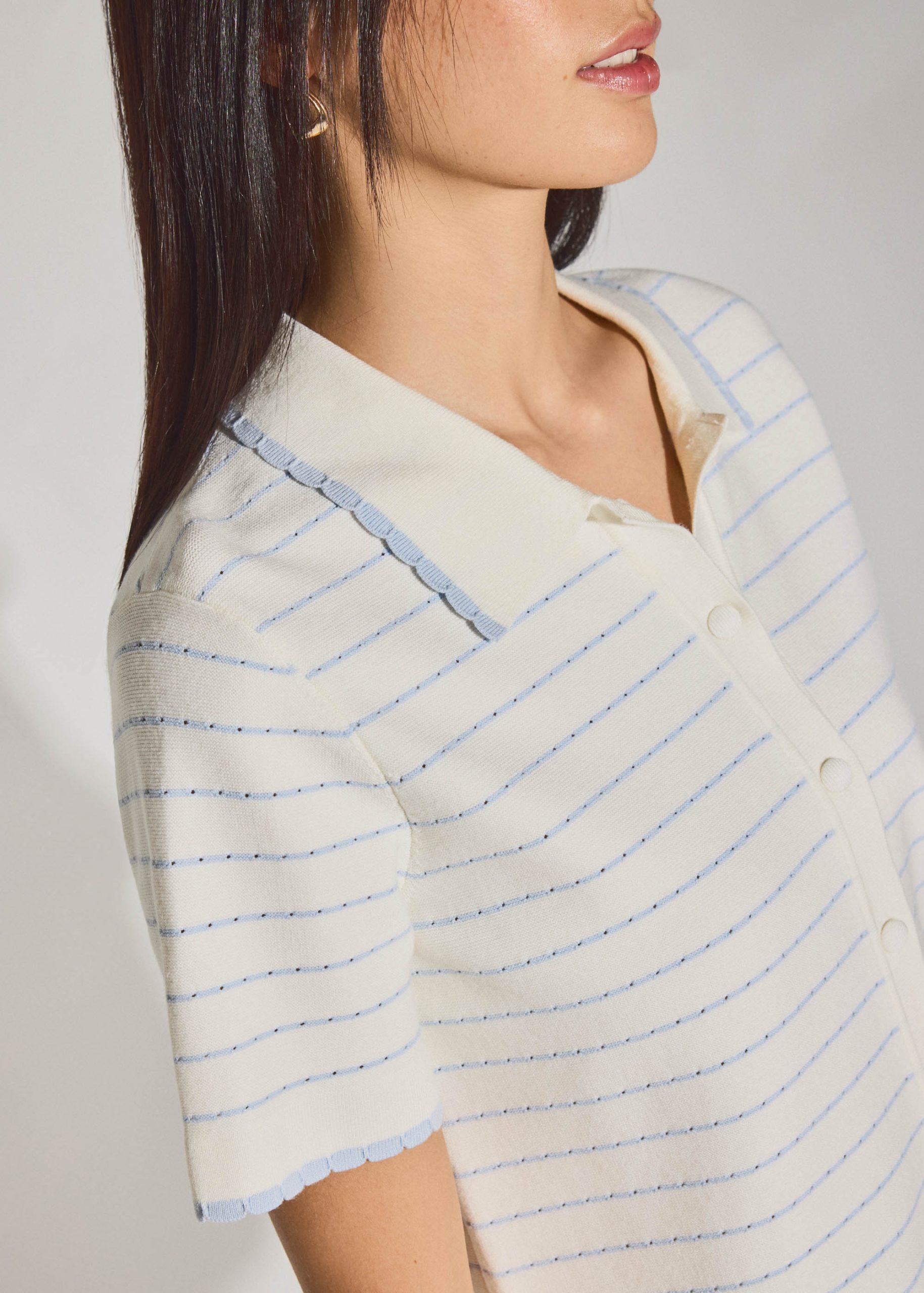 Relaxed Striped Knit Collared Button Down Top - Image 7