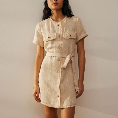 Tweed Belted Button Down Shift Dress