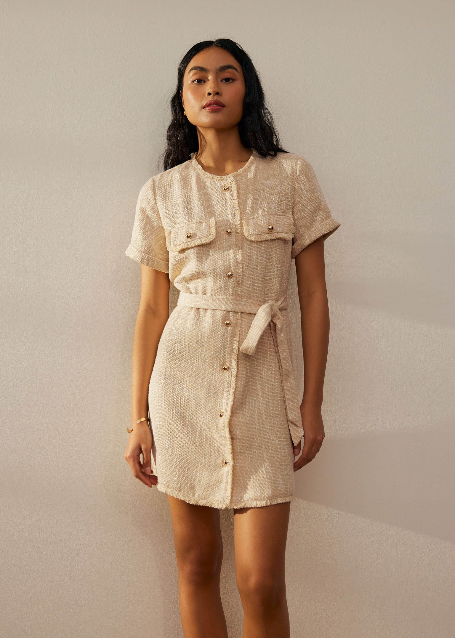 Tweed Belted Button Down Shift Dress