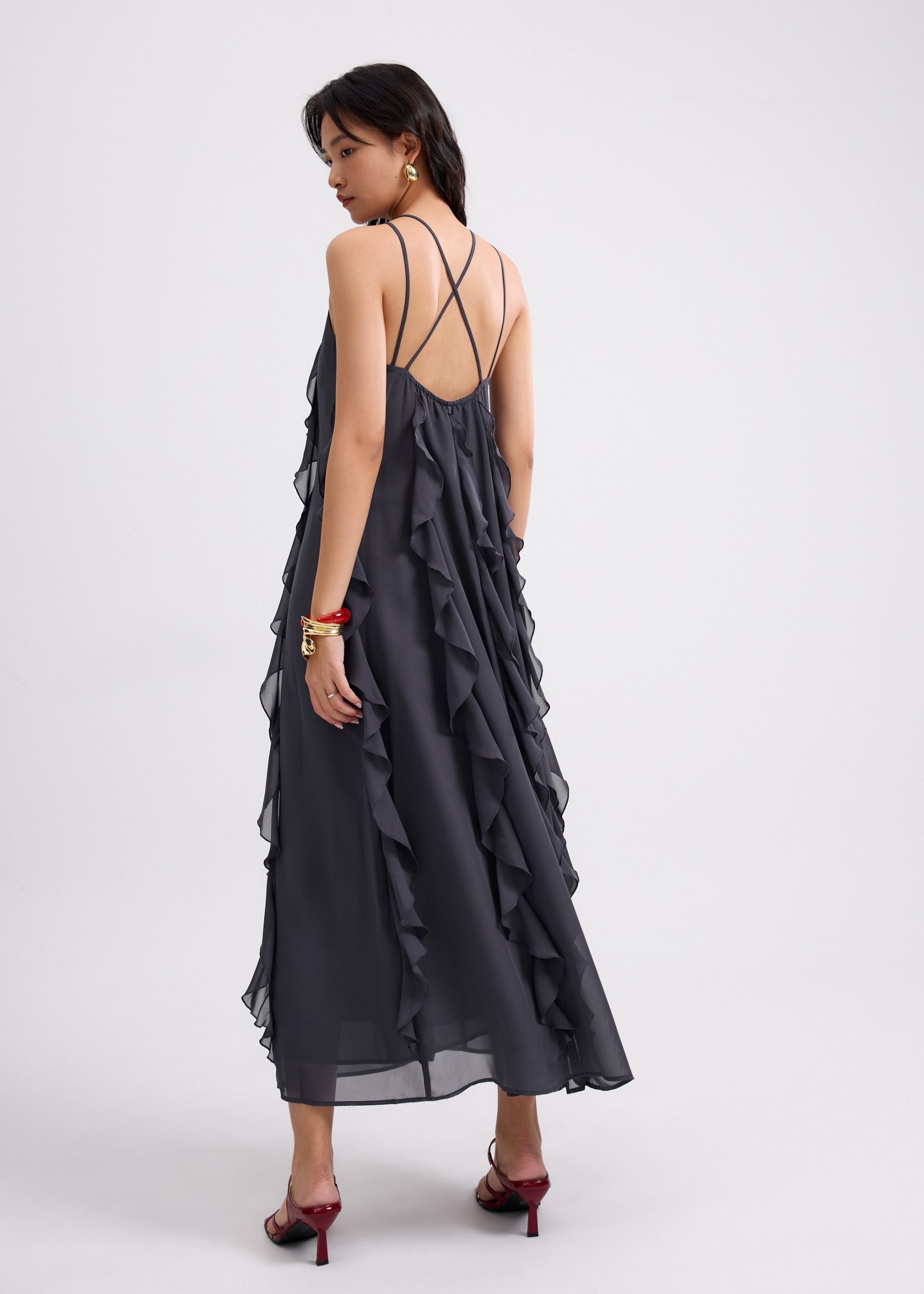 Georgette Halter Trapeze Frill Maxi Dress - Image 9