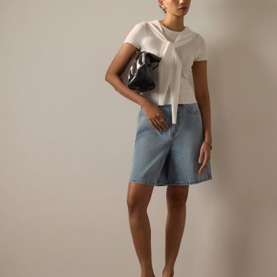 Knit Tie Collar Round Neck Top