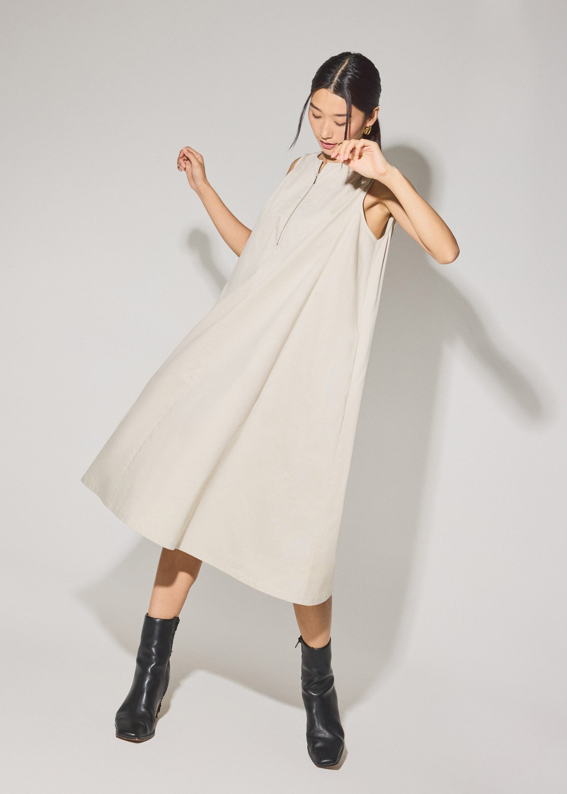 Cotton Quarter Zip Trapeze Midi Dress - Image 6