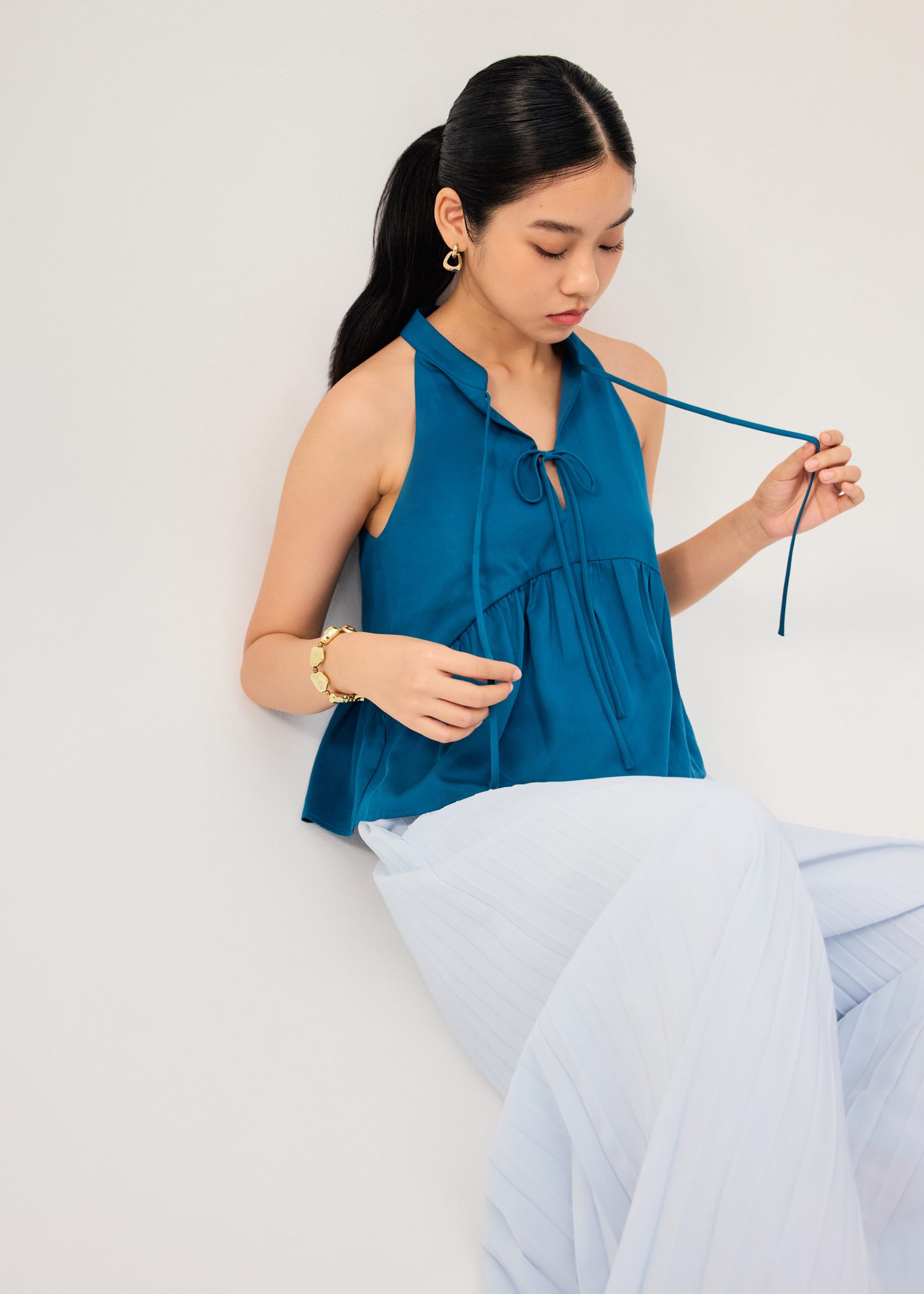 Lyocell Pleated Front Tie Mandarin Collar Peplum Shell Top - Image 22