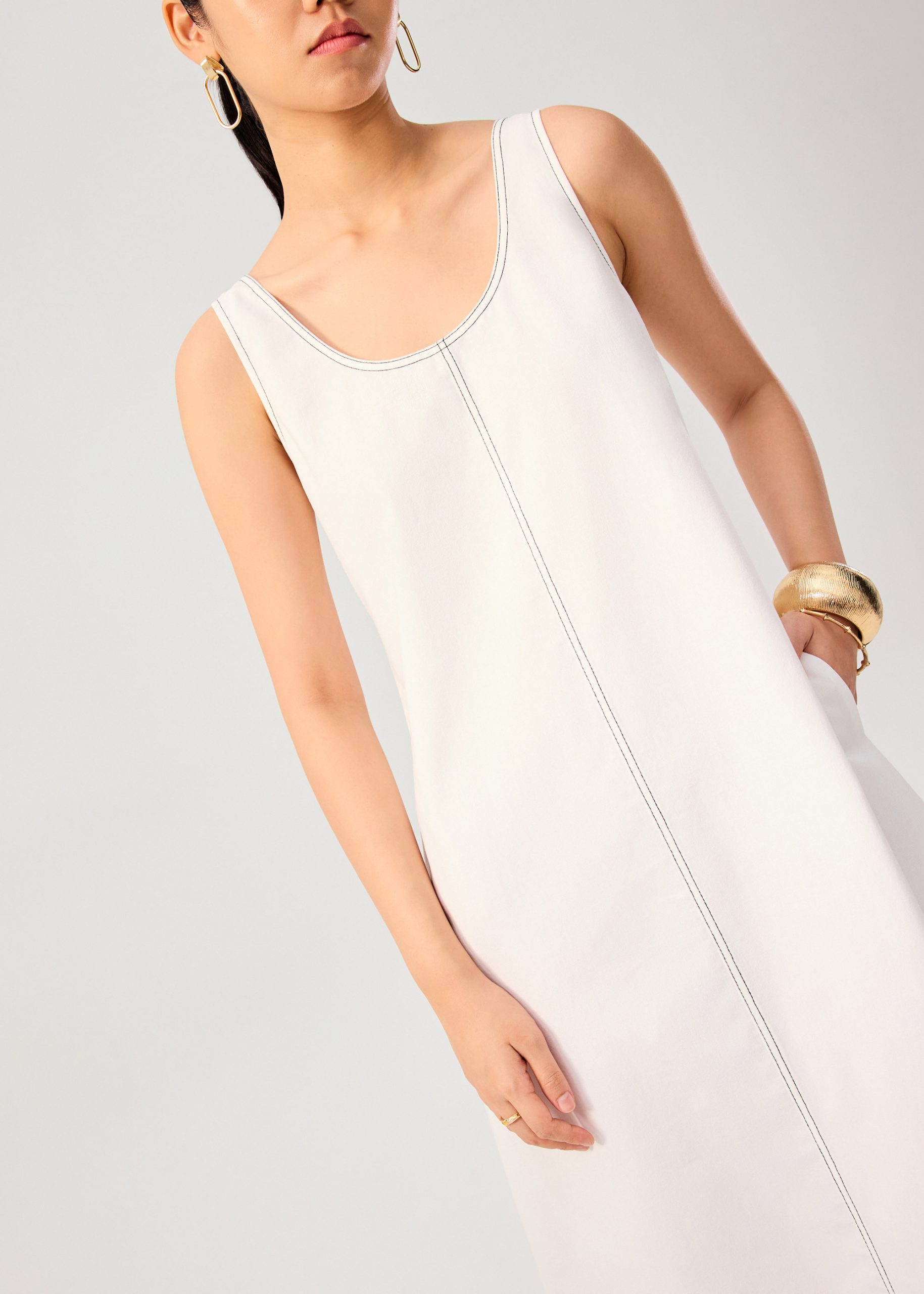 Contrast Stitch Cotton Scoop Neck A-Line Midi Dress - Image 6