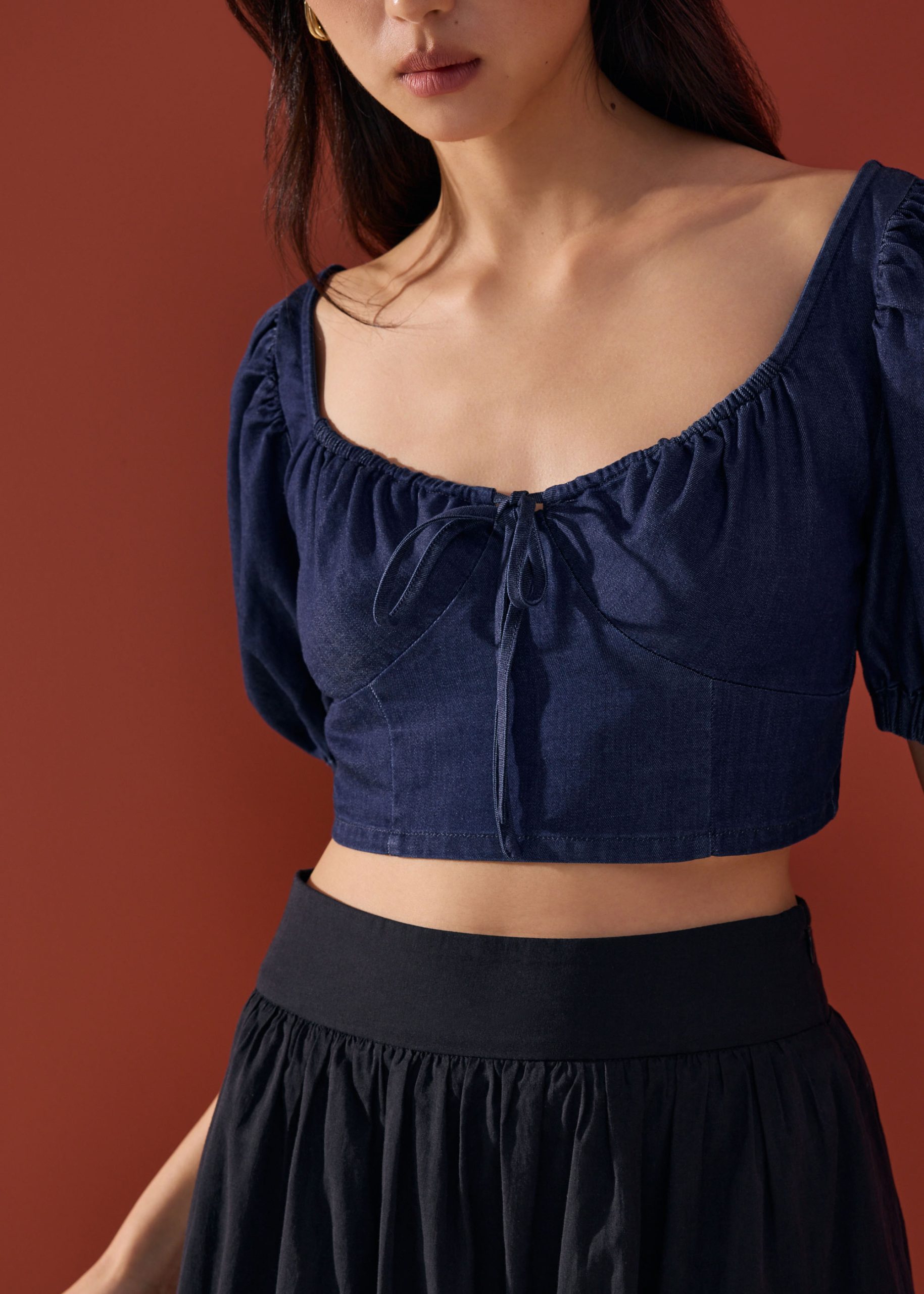 Chambray Puff Sleeve Crop Top - Image 2