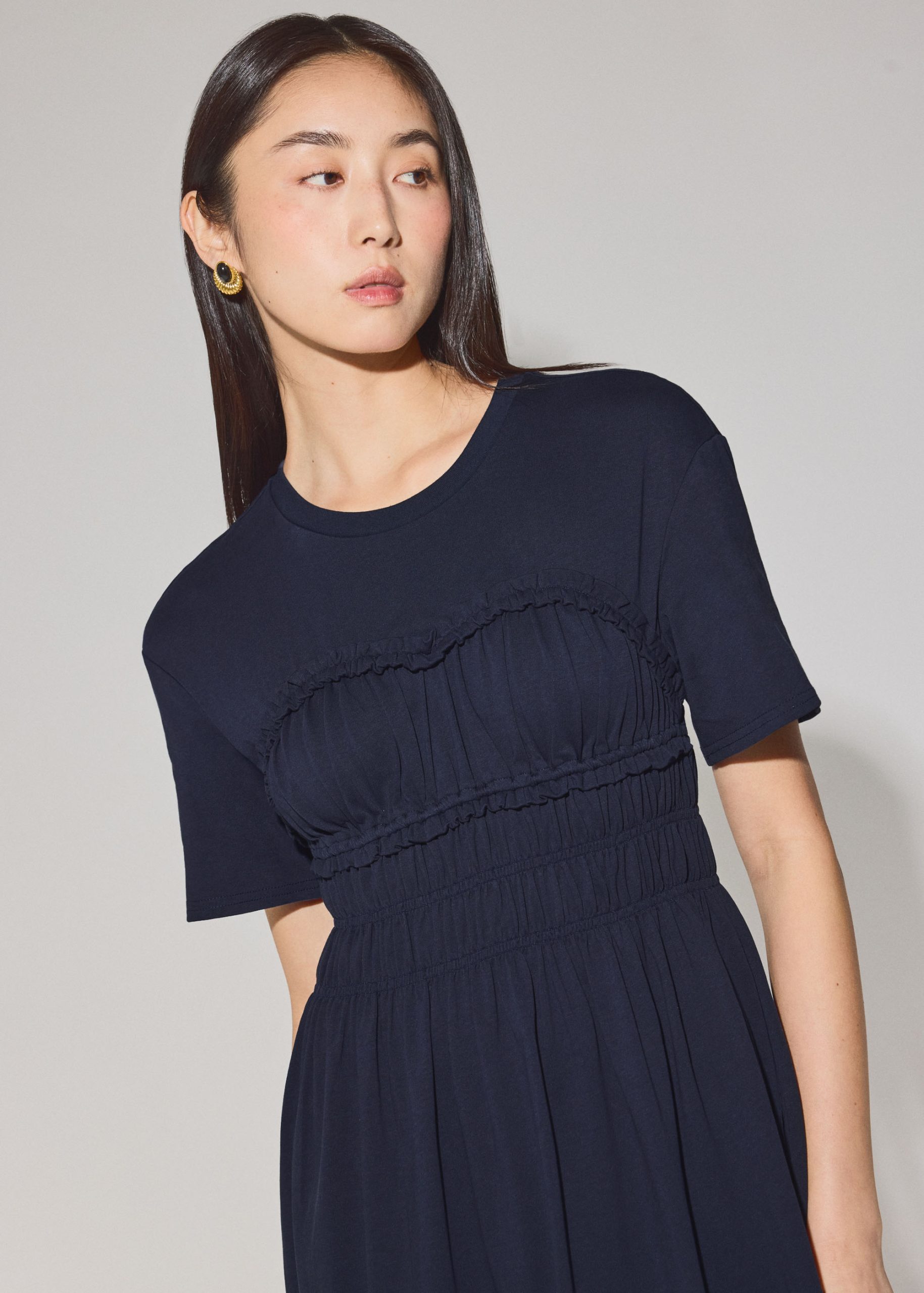 Jersey Ruched Bodice Round Neck Midi Dress - Image 3