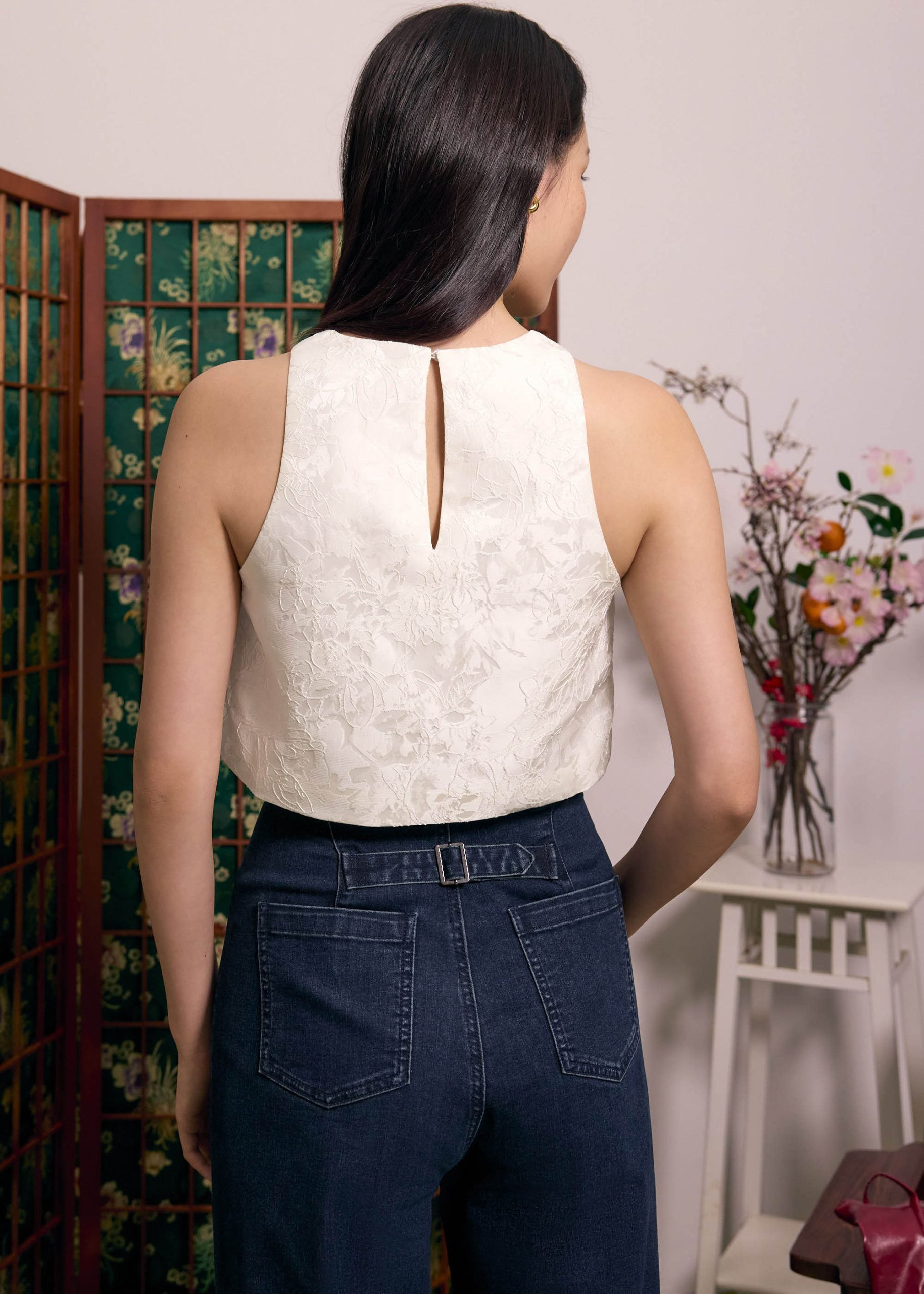 Brocade Round Neck Crop Tank Top - Image 5