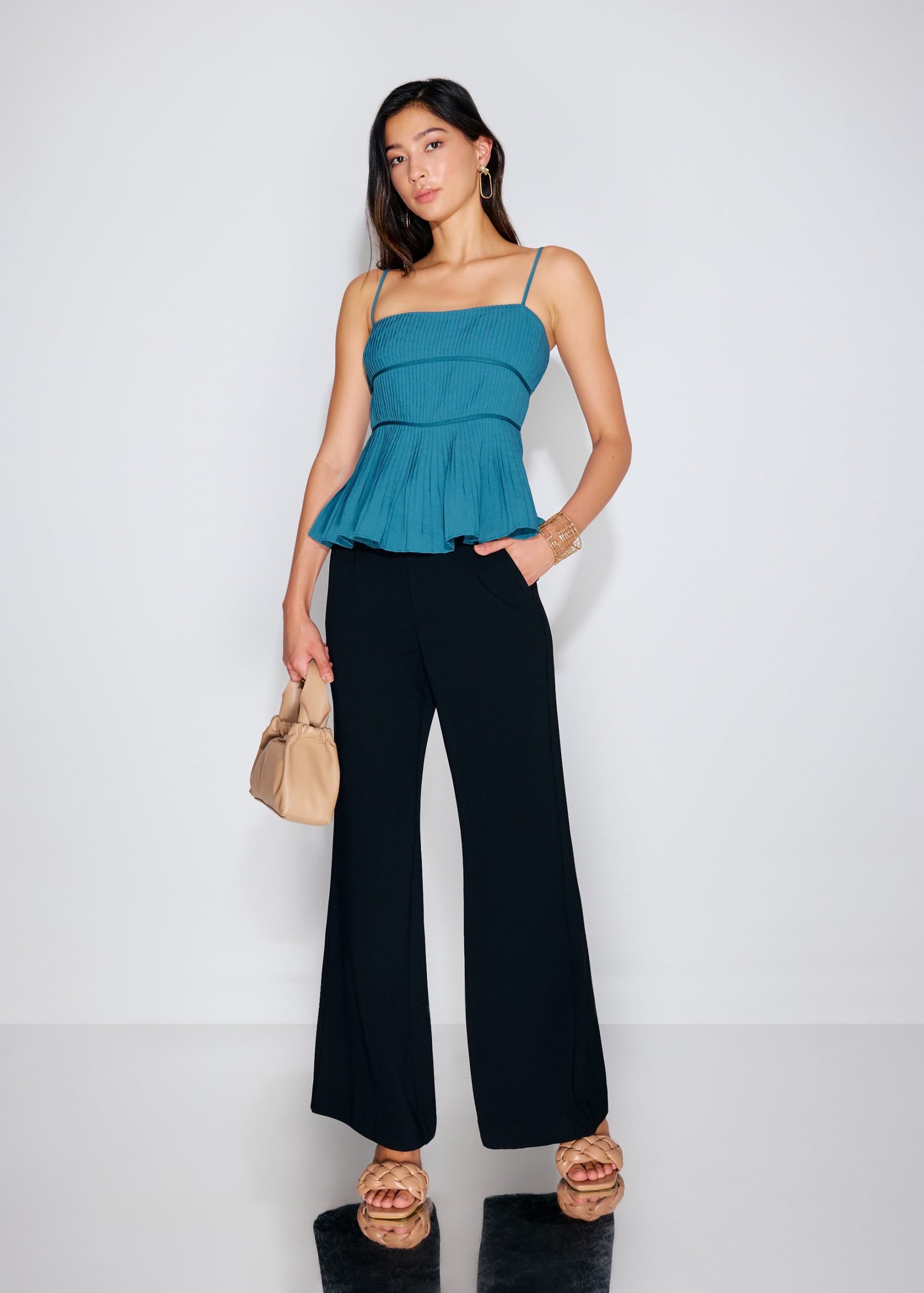 Pleated Straight Neck Peplum Camisole Top - Image 11