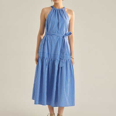 Striped Poplin Maxi Dress With Sash