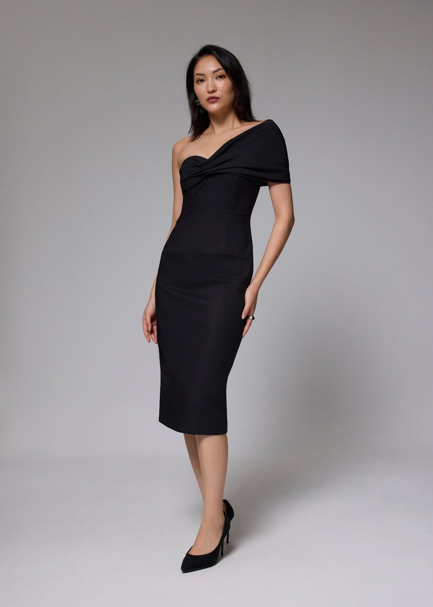 Asymmetric Front Twist Column Midi Dress - Image 2