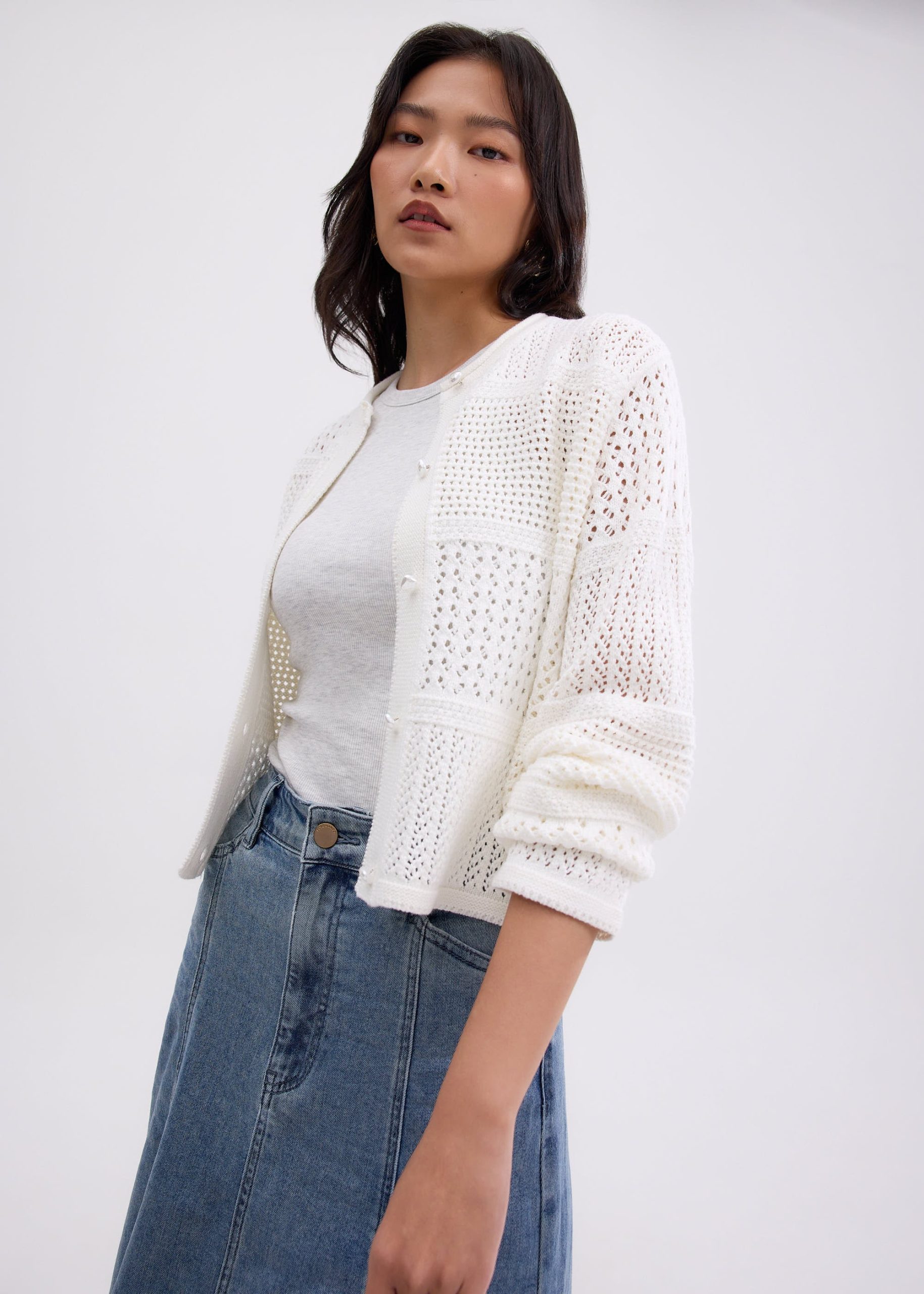 Relaxed Pointelle Knit Round Neck Cardigan - Image 7