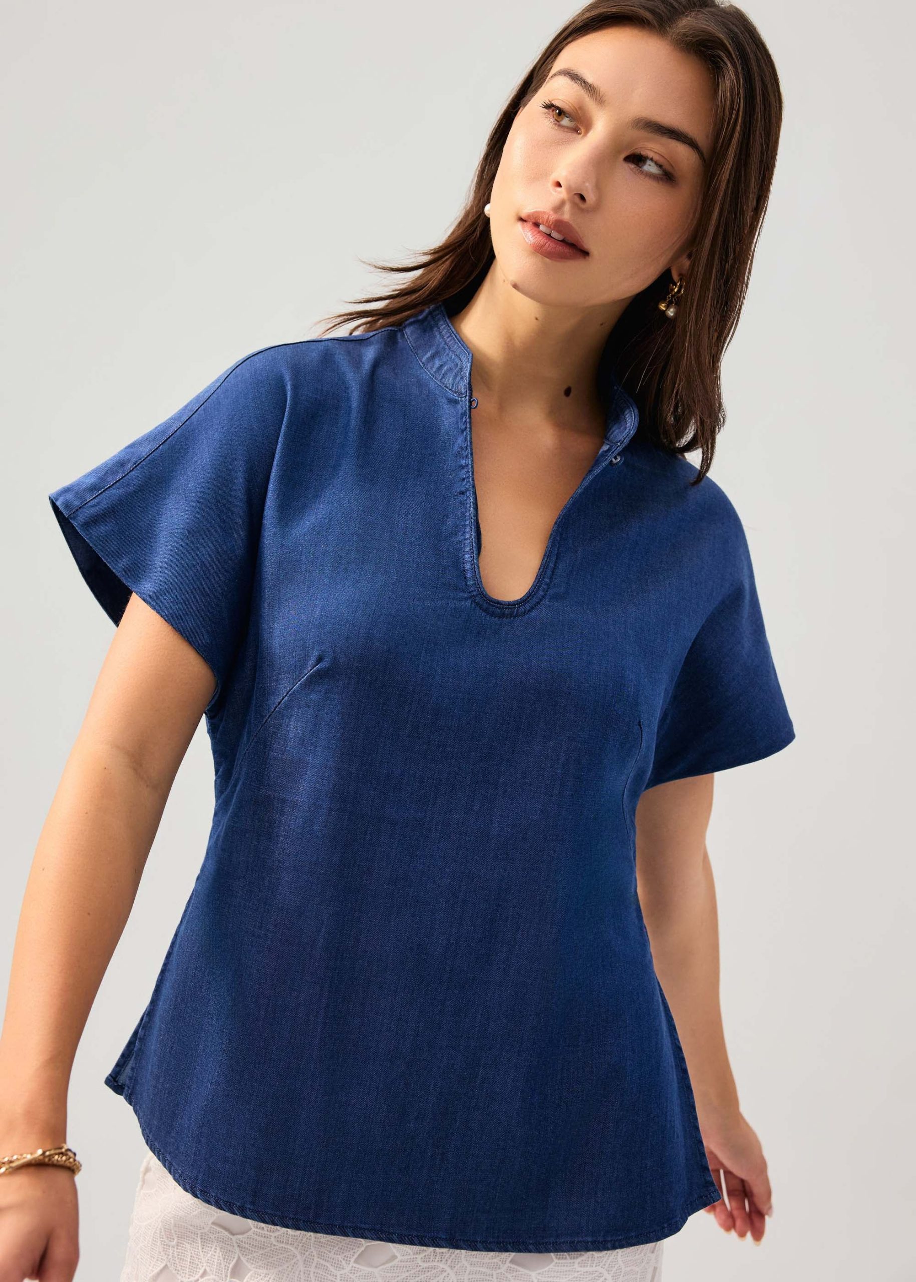 Chambray Mandarin Collar Drop Shoulder Top - Image 6