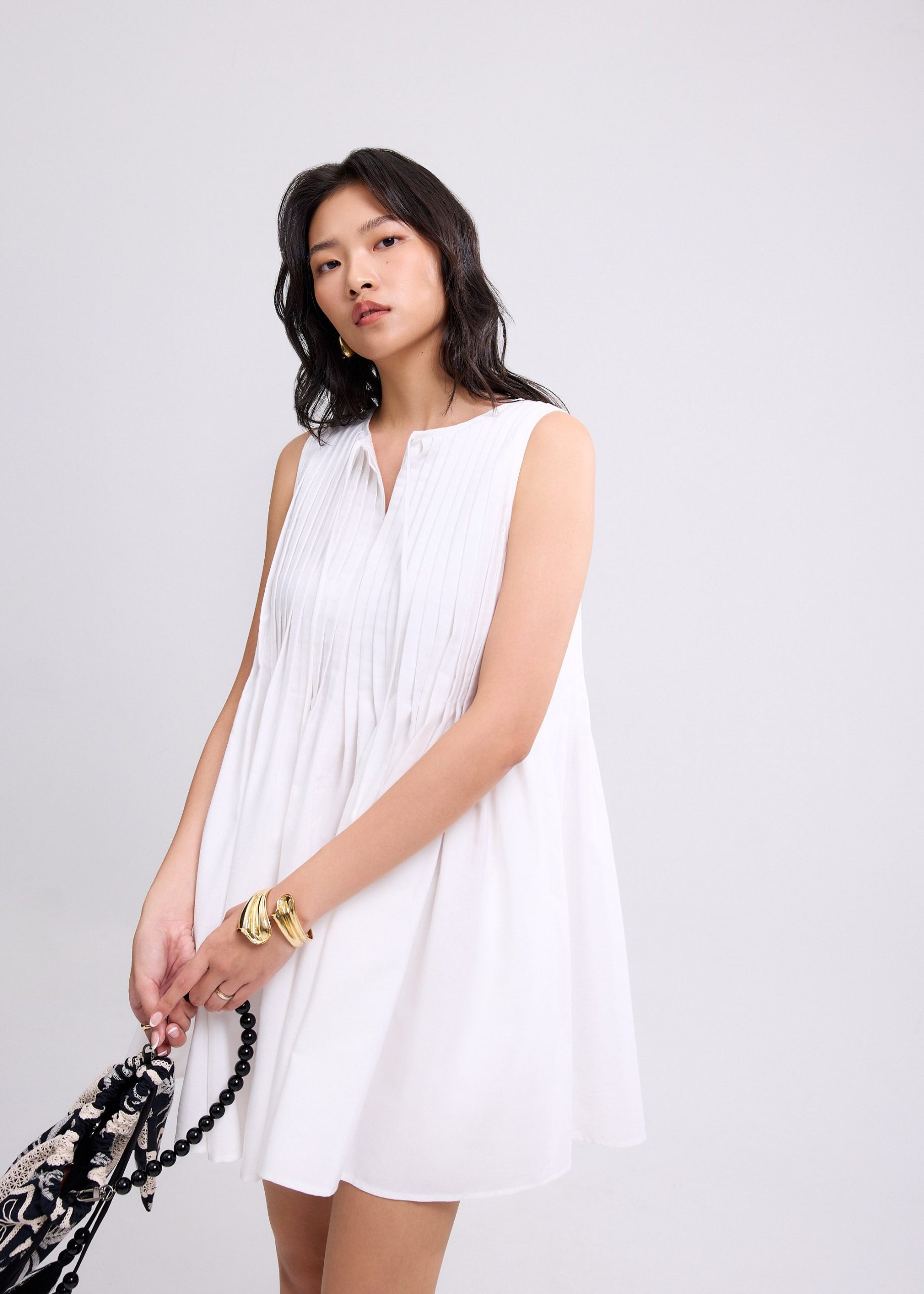Oxford Pintuck Notched Trapeze Mini Dress
