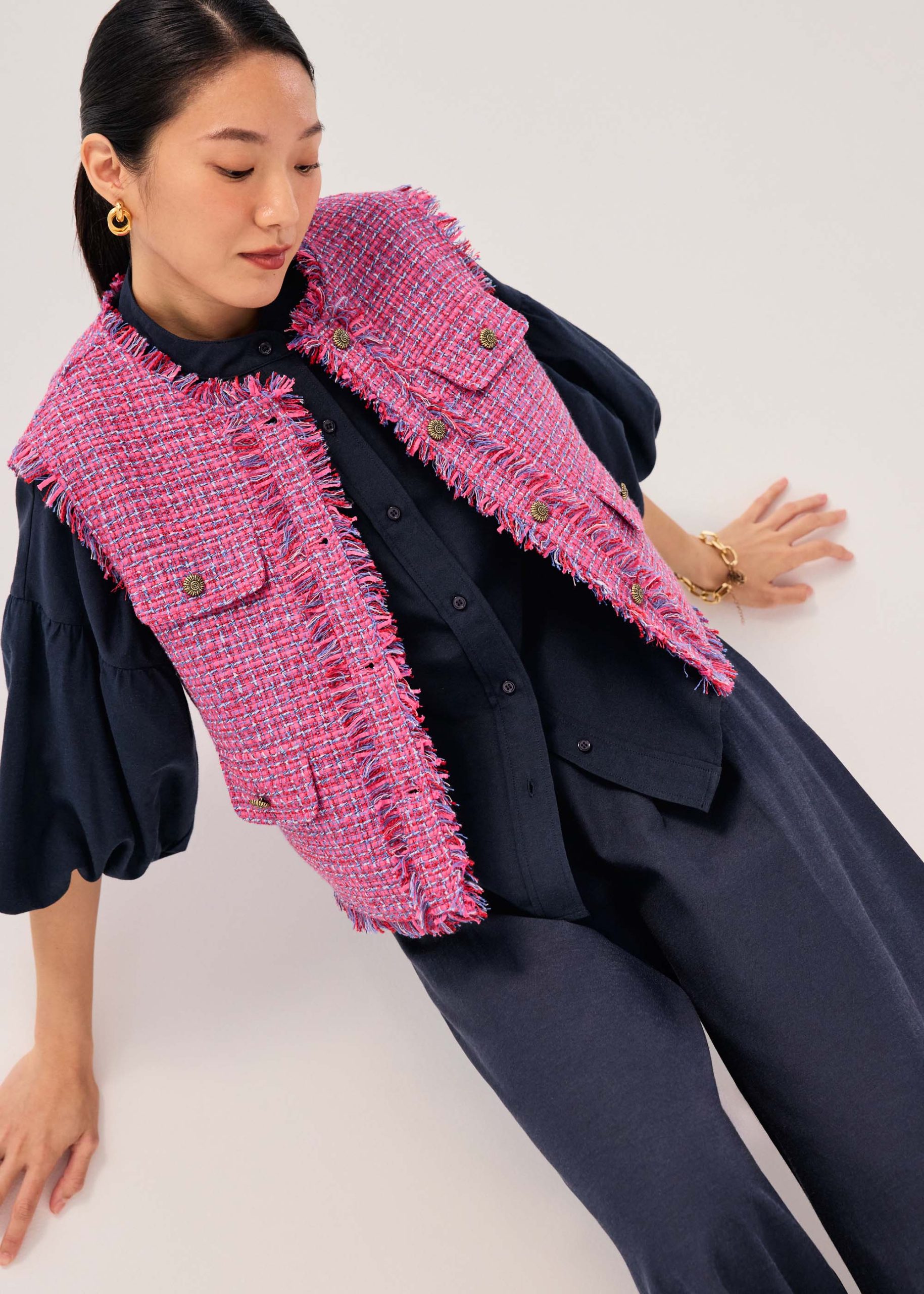 Oversized Tweed Frayed Hem Round Neck Vest - Image 6