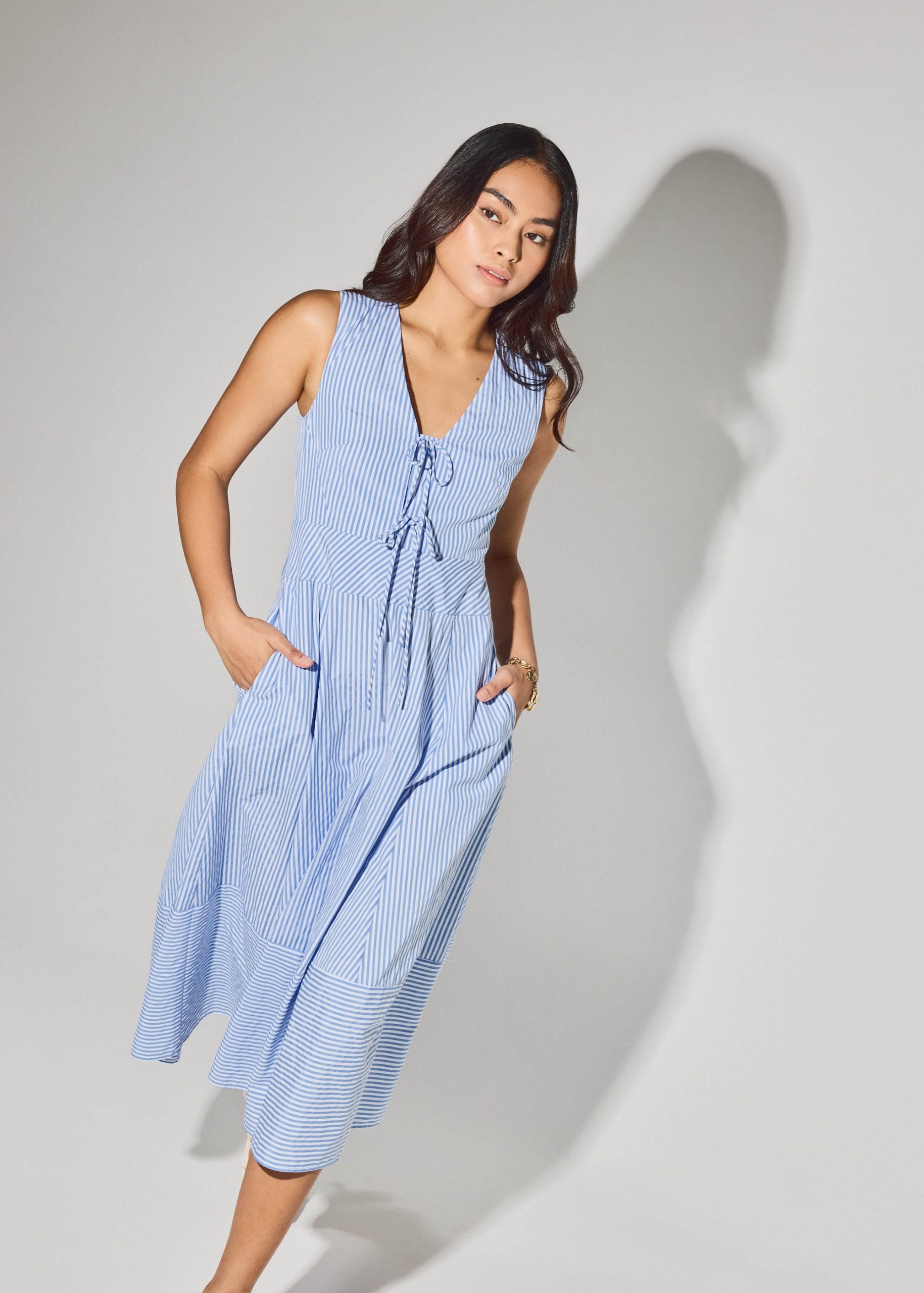 Striped Cotton Front Tie V-neck Fit & Flare Midaxi Dress - Image 7