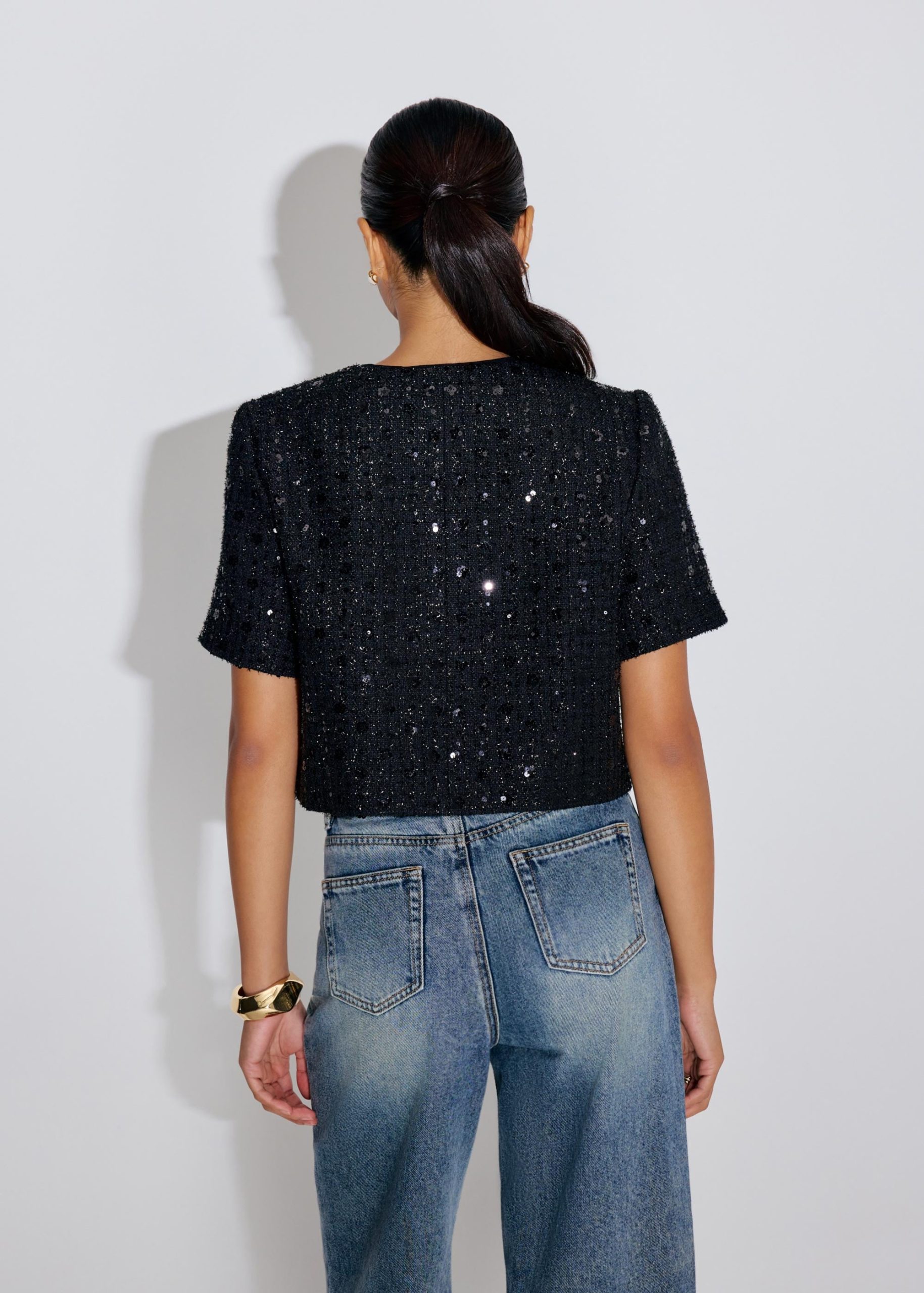 Meiyan Sequin Tweed Round Neck Boxy Button Down Crop Top - Image 5