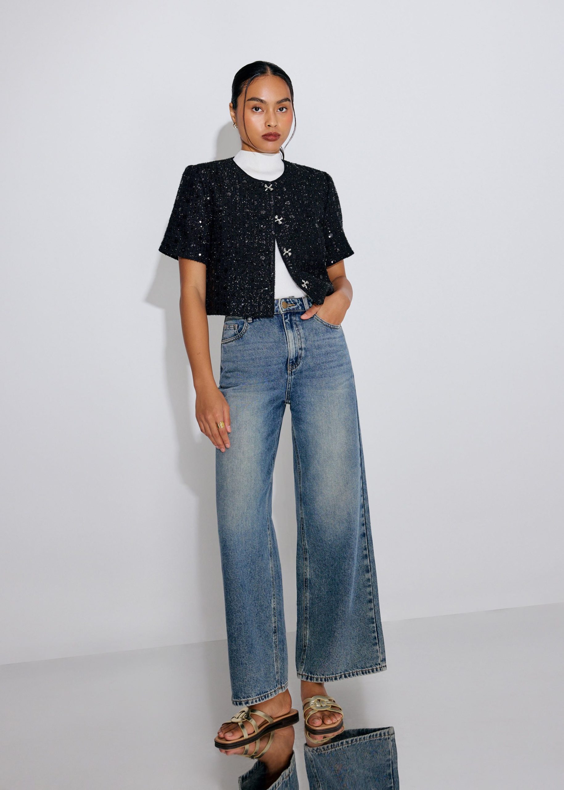 Meiyan Sequin Tweed Round Neck Boxy Button Down Crop Top - Image 6